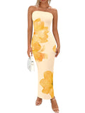 PRETTYGARDEN Women Summer Strapless Maxi Dress Bodycon Floral Sexy Long Wedding Guest Dress Formal Tube Mesh Cocktail Dresses(Yellow Flower,X-Small)