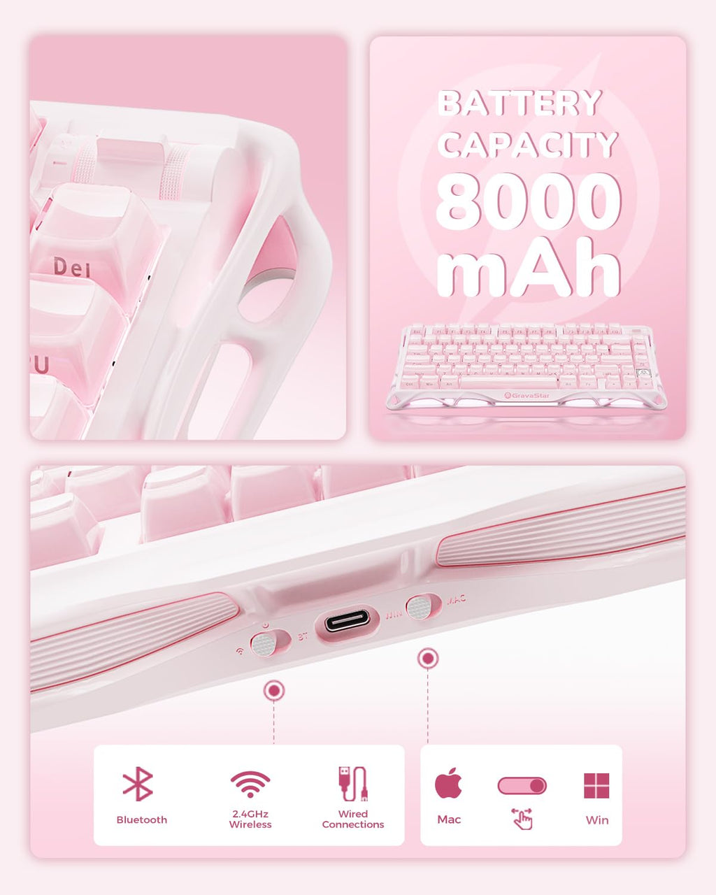 GravaStar Mercury K1 75% Pink Wireless Keyboard, Aluminum Alloy Exoskeleton Design Mechanical Gaming Keyboard, Gasket Hot-Swap Socket, Linear Switches, RGB Backlit