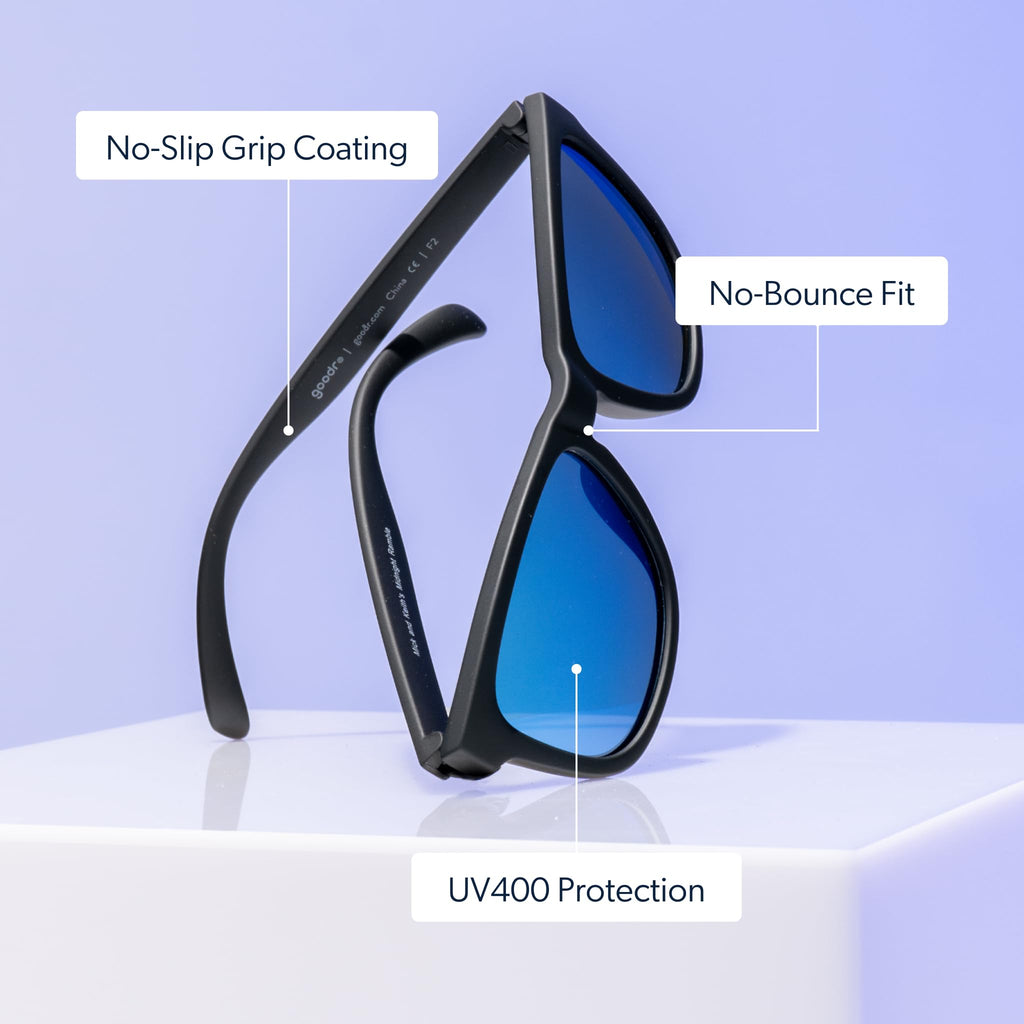 goodr Mick & Keith's Midnight Ramble Polarized Sunglasses for Men & Women, Medium Sized (OG), Black Solid Frame with Blue Mirrored Reflective Lenses, UV400 Protection, No Slip, No Bounce
