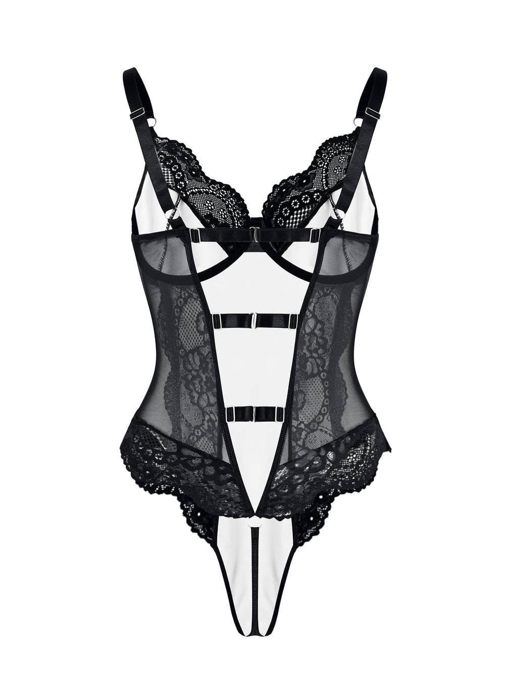 Lilosy Petite Sexy Leather Underwire Push Up Floral Lace Sheer Corset Lingerie Women Teddy Bodysuit Bustier Top One Piece Latex Black XX-Small