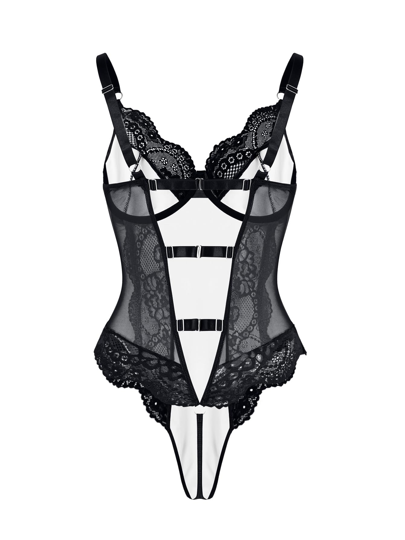 Lilosy Petite Sexy Leather Underwire Push Up Floral Lace Sheer Corset Lingerie Women Teddy Bodysuit Bustier Top One Piece Latex Black XX-Small
