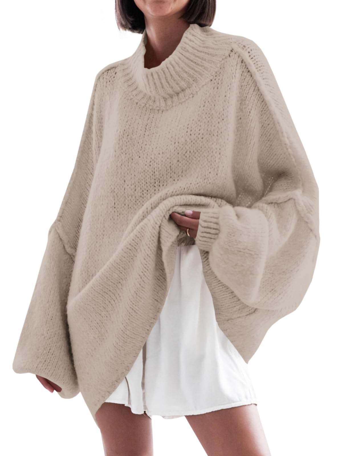 Saodimallsu Womens Oversized Sweaters Mock Neck Batwing Long Sleeve 2025 Fall Trendy Ribbed Knit Casual Tunic Sweater Khaki
