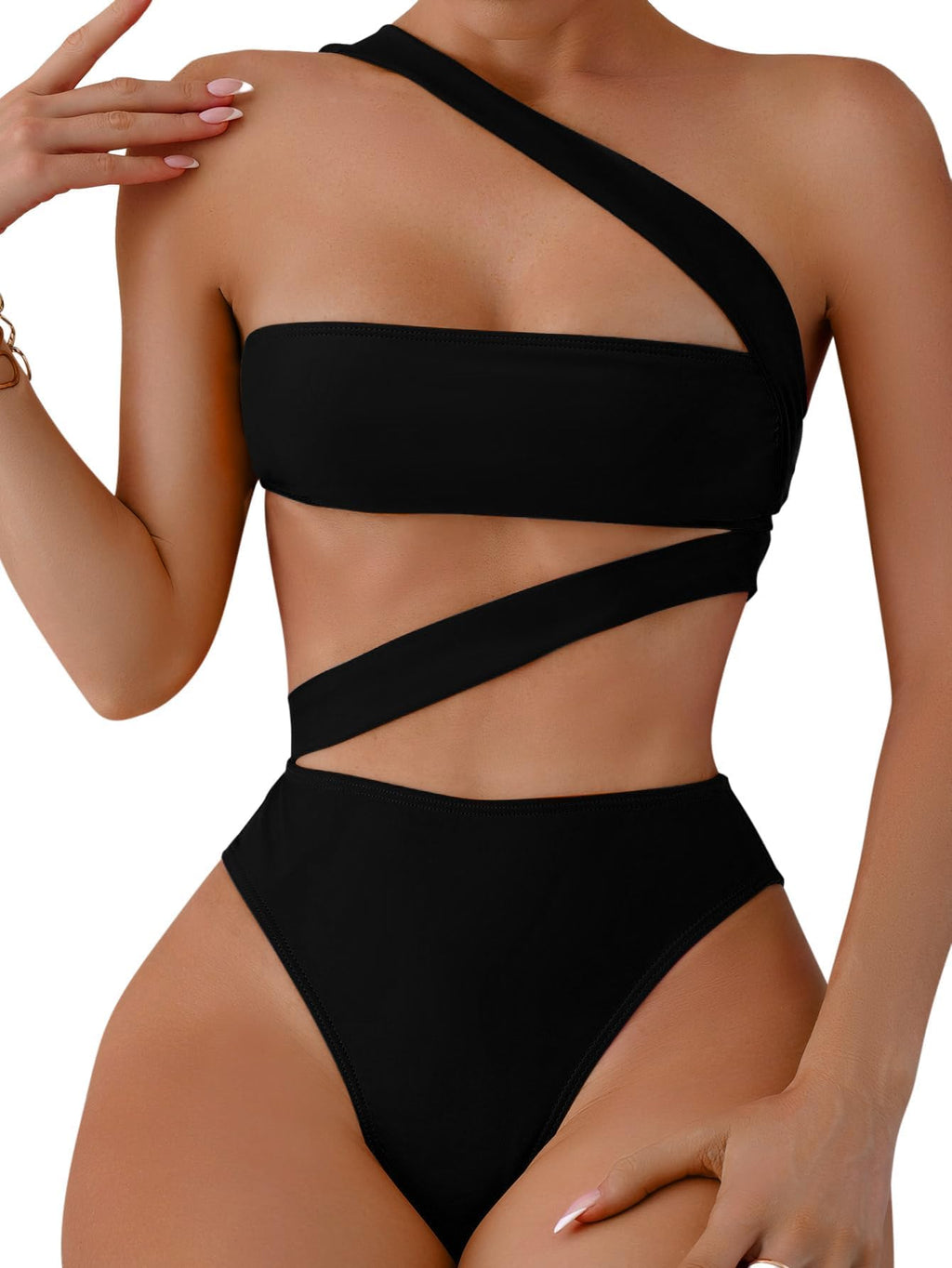 Lilosy Sexy Cutout Tube One Shoulder Swimsuit High Waist Piece Cheekly Bikini Brazilian Women Bandeau Bathing Suit Black X-Small