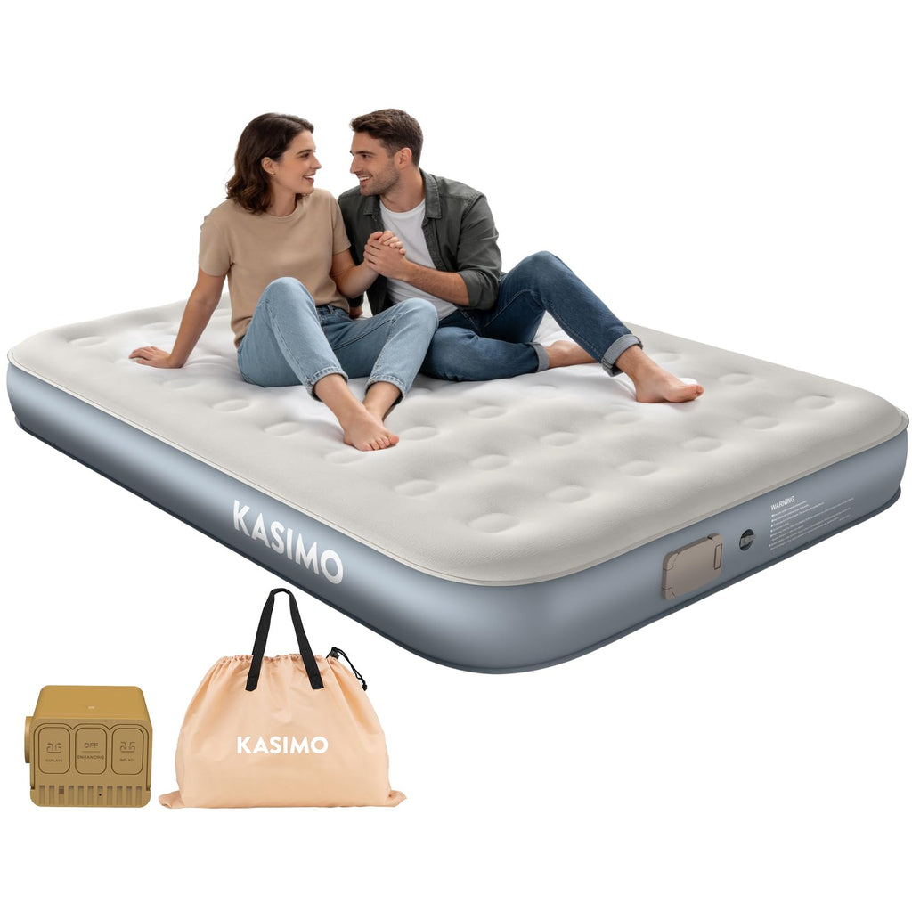 KASIMO Queen Air Mattress with Built-in Battery Powered Removable Pump, Blow Up Mattress Inflatable AirBed with Soft Suede Surface,Air Bed for Home Guests Camping