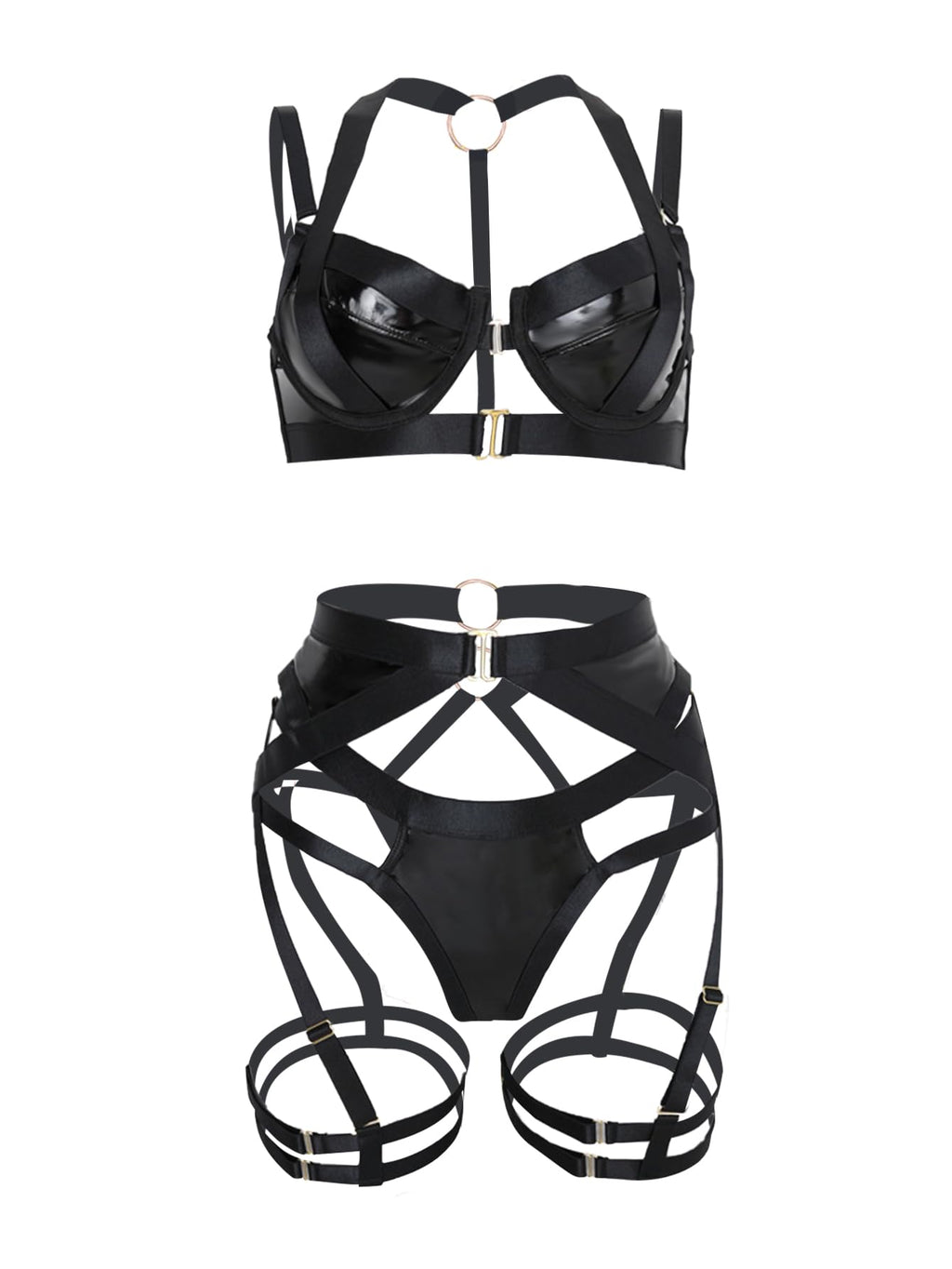 Lilosy Petite Sexy Strappy Underwire Push Up Garter Belt Lingerie Set Harness Cutout Outfits Matching Bra Panty 3 Piece Women Pu Black 3X-Small