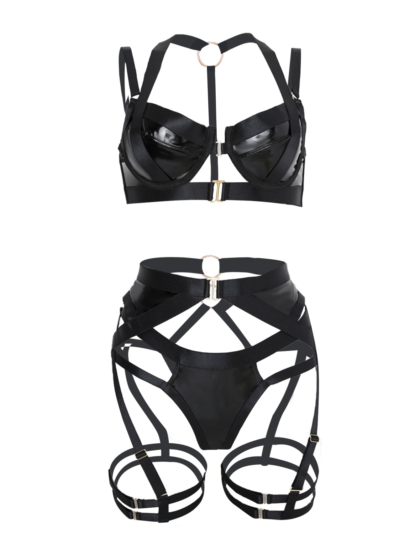 Lilosy Petite Sexy Strappy Underwire Push Up Garter Belt Lingerie Set Harness Cutout Outfits Matching Bra Panty 3 Piece Women Pu Black 3X-Small