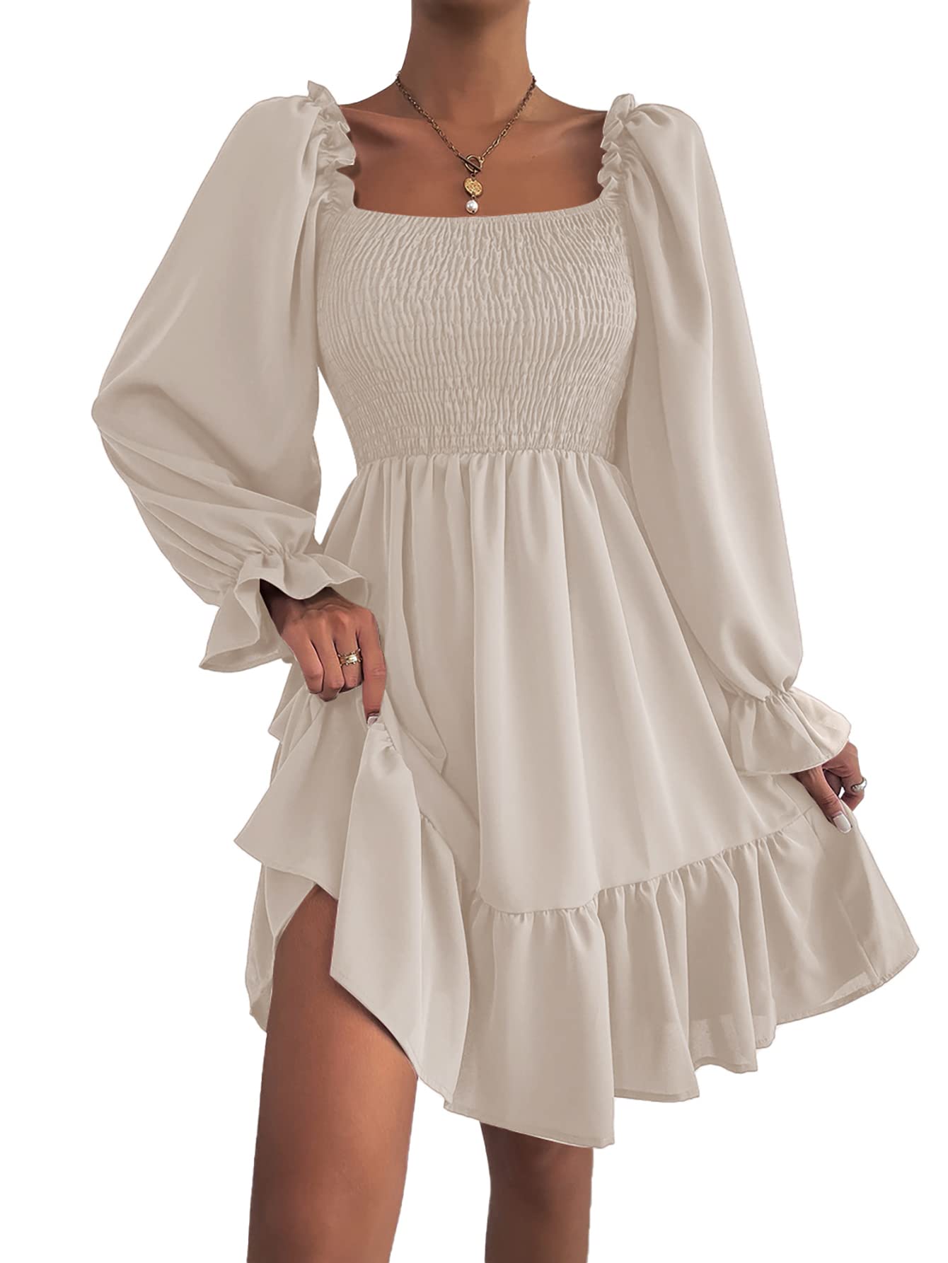 LYANER Women's Square Neck Lantern Long Sleeve Shirred Ruffle A Line Flowy Party Mini Dress Solid Beige Small