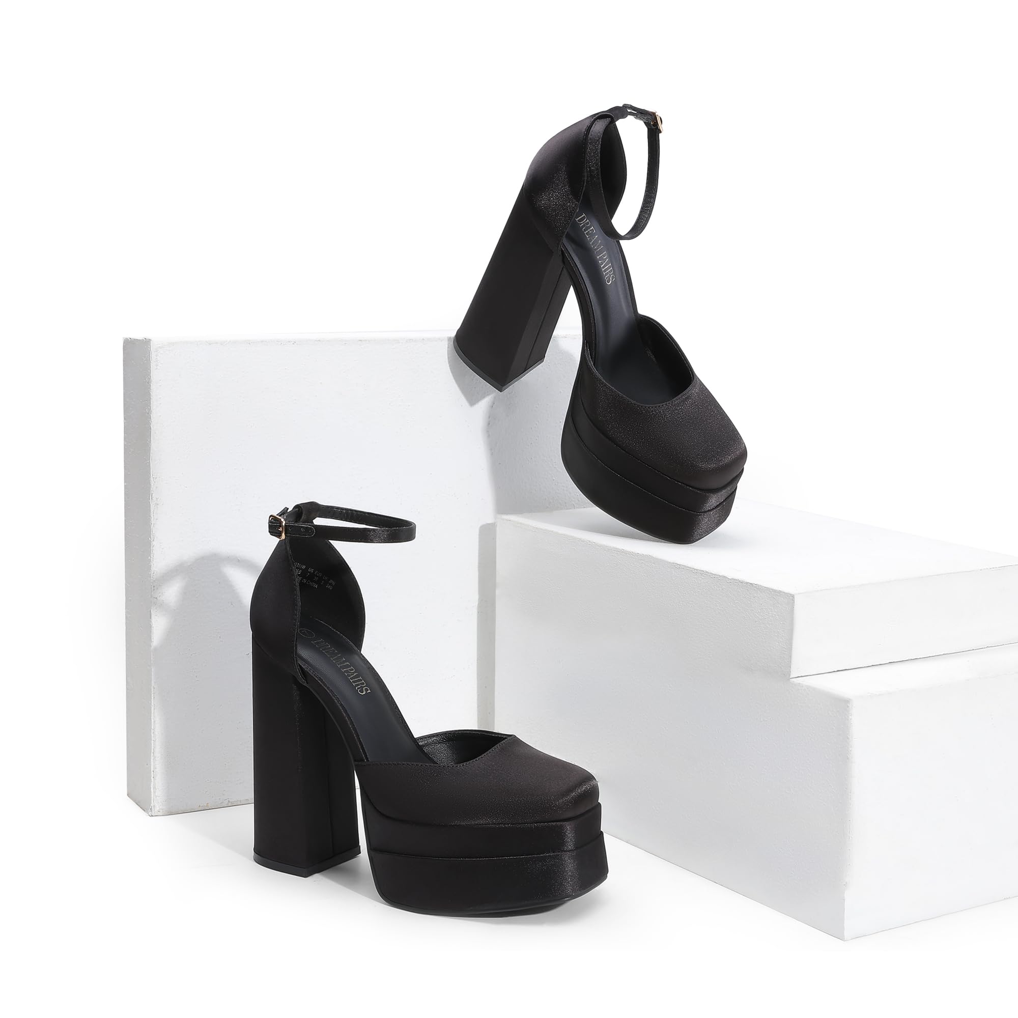 DREAM PAIRS Women’s High Chunky Platform Closed Toe Block Heels Square Toe Ankle Strap Dress Wedding Party Pumps Shoes Aurelia,Size 8,Black-Satin,SDPU2319W