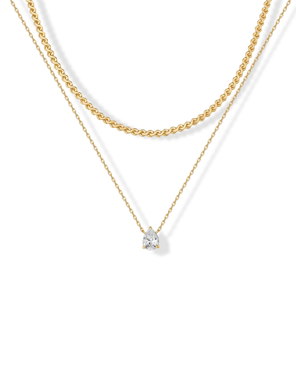 PAVOI 14K Yellow Gold Plated Serpentine Chain Choker with Solitaire Pear-Cut Stone Pendant Layering Necklace Pack for Women | Cubic Zirconia Statement Layered Necklace Set