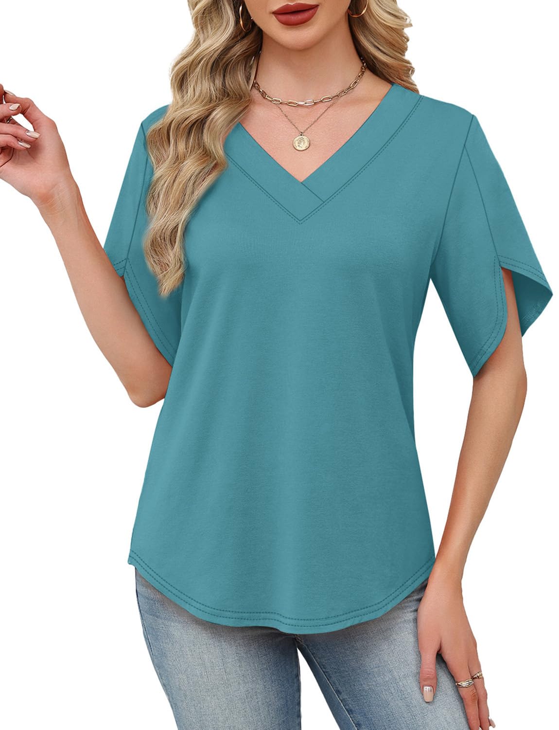 WIHOLL Womens Summer Tops Plus Size 2026 Short Sleeve Shirts Date Outfits Loose Fit Blouses for Women Dressy Casual Fashion Clothes Beach Vacation Traval Outfits Blue 3XL