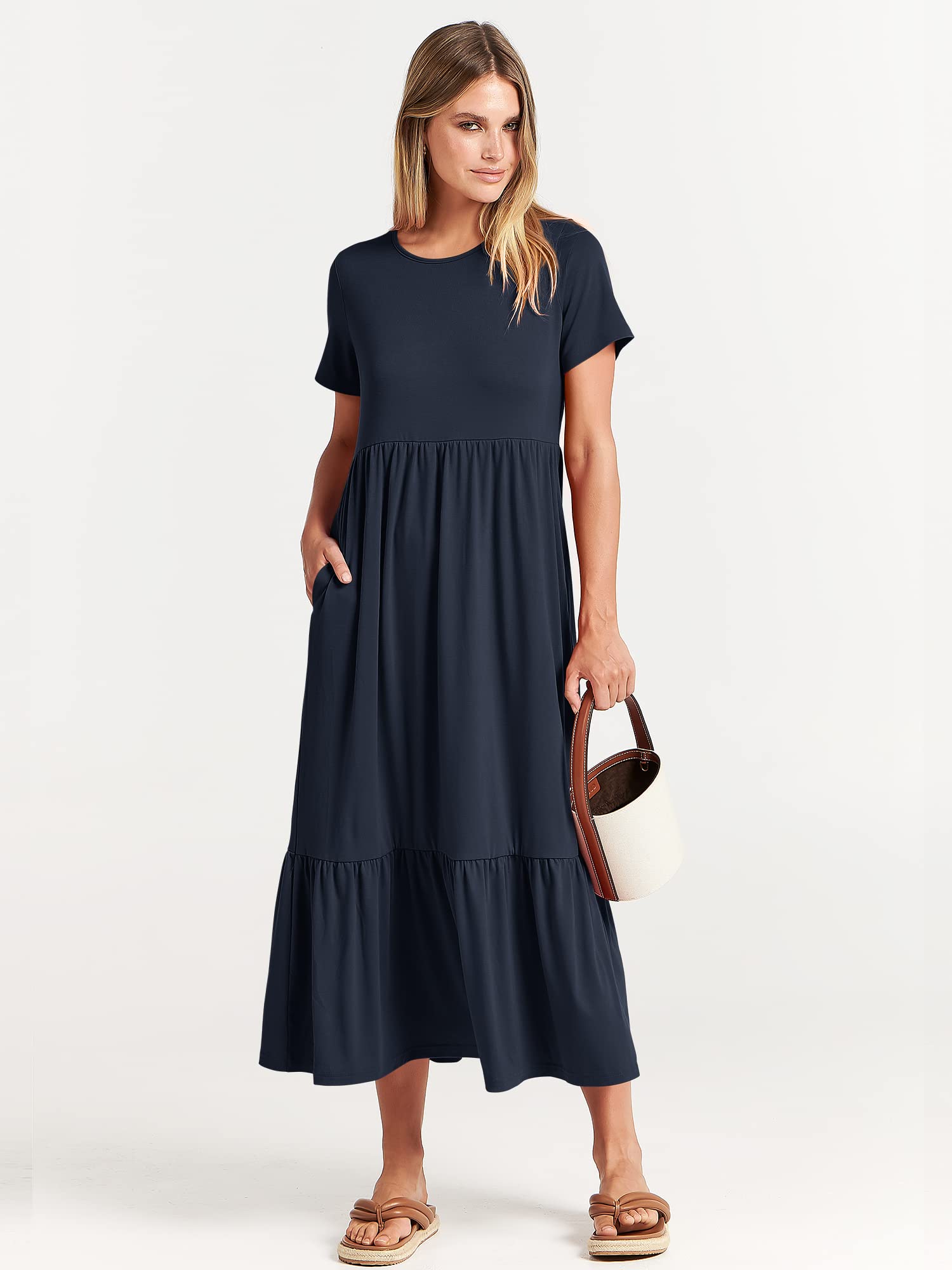 ANRABESS Womens 2025 Summer Casual Maxi Dress A line Tiered Flowy Short Sleeve Crewneck T Shirt Beach Travel Long Dresses X-Large Navy Blue