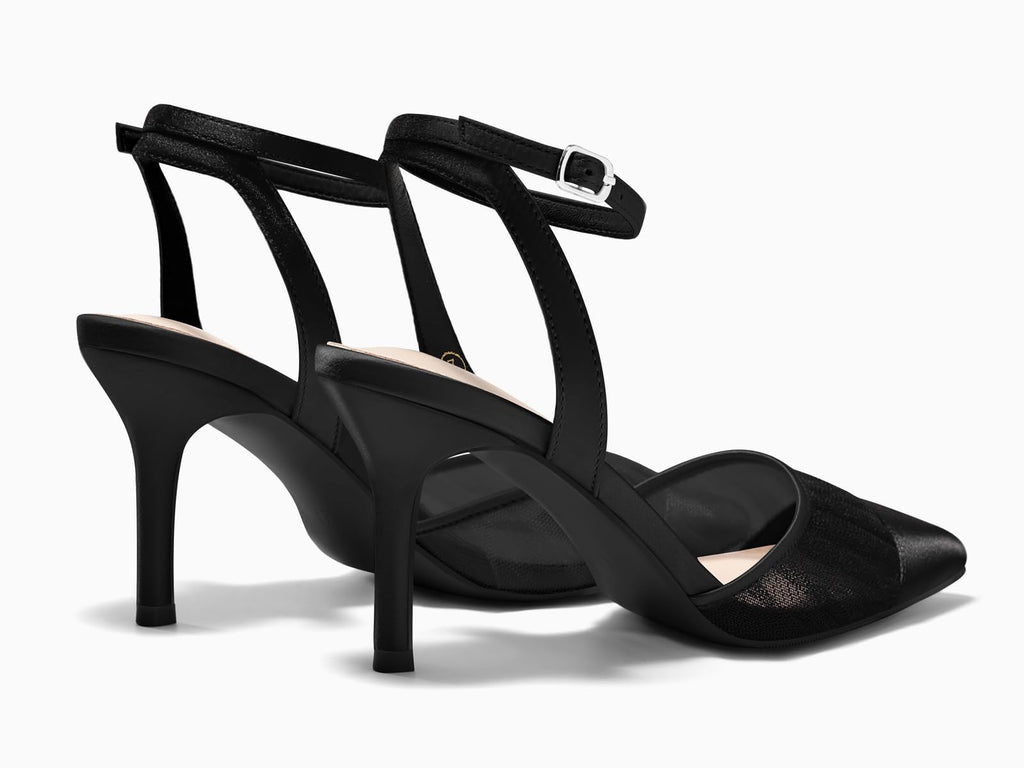 Coutgo Womens Closed Toe High Heels Mesh Satin Pointed Toe Dress Shoes Ankle Strap Pacthwork Wedding Pump Shoes, Black, Size 8.5