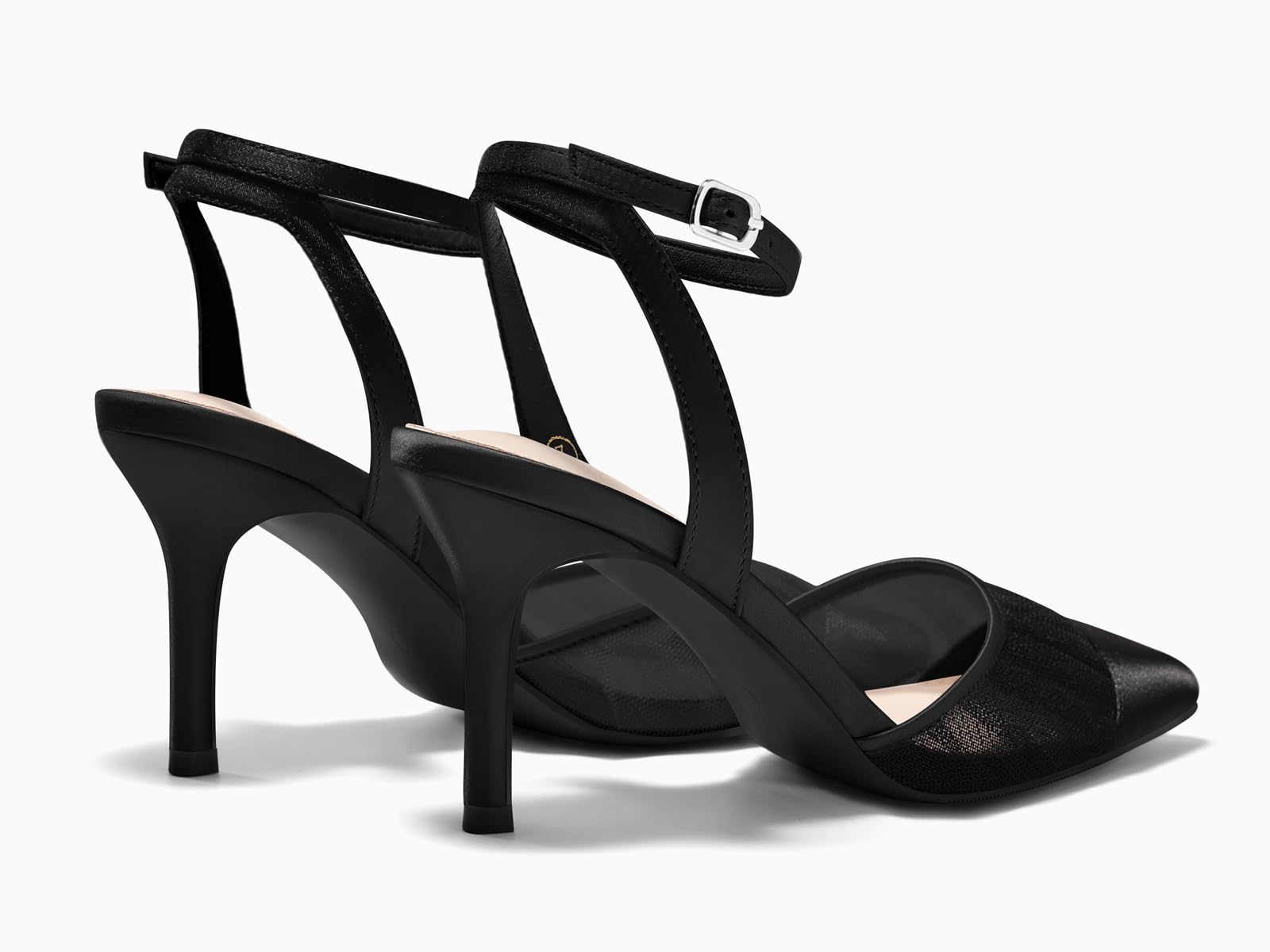Coutgo Womens Closed Toe High Heels Mesh Satin Pointed Toe Dress Shoes Ankle Strap Pacthwork Wedding Pump Shoes, Black, Size 8.5
