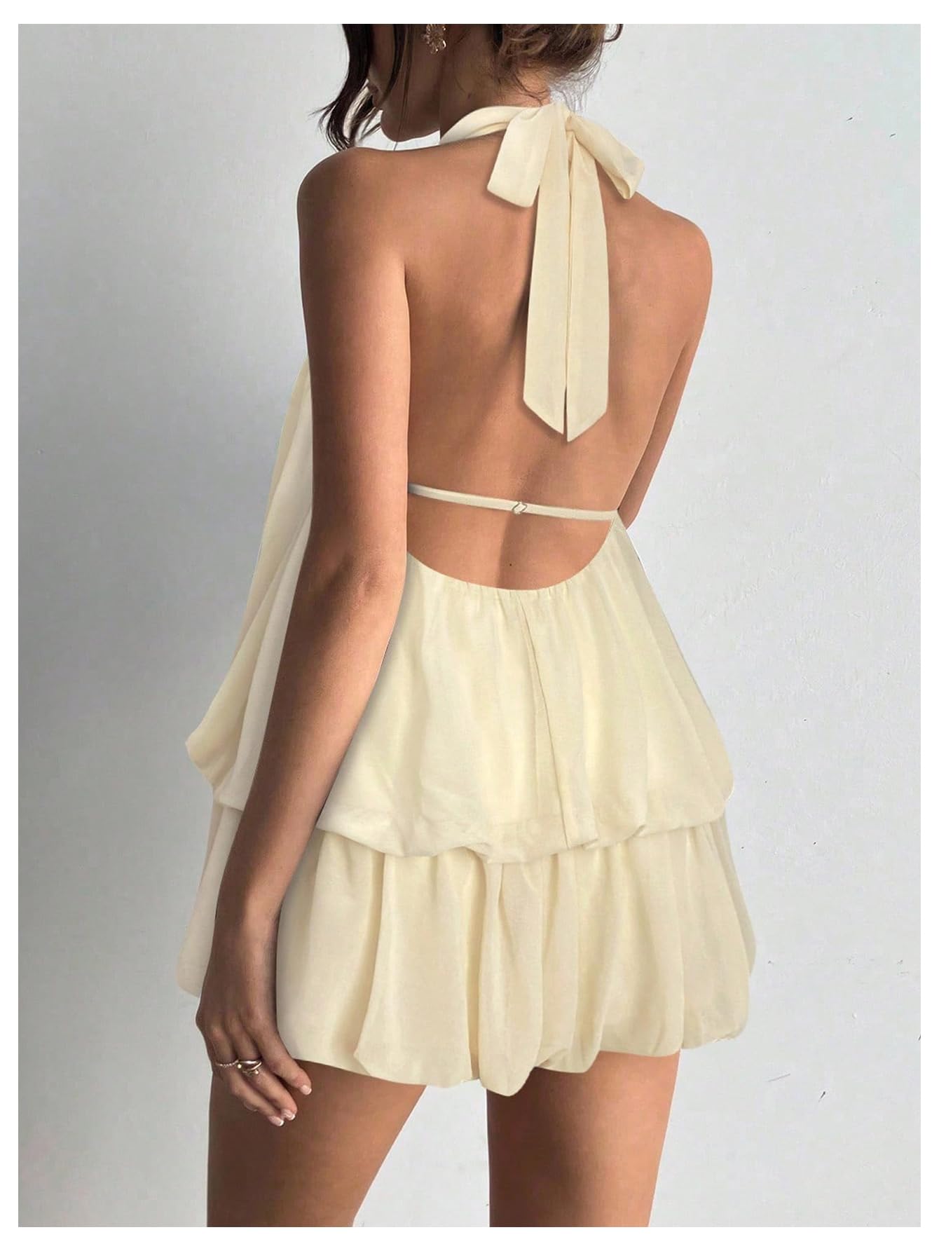 Floerns Women's Y2k Summer Halter Dress Tie Open Back Sleeveless Ruffle Hem Bubble Going Out Mini Dresses Apricot XX-Small