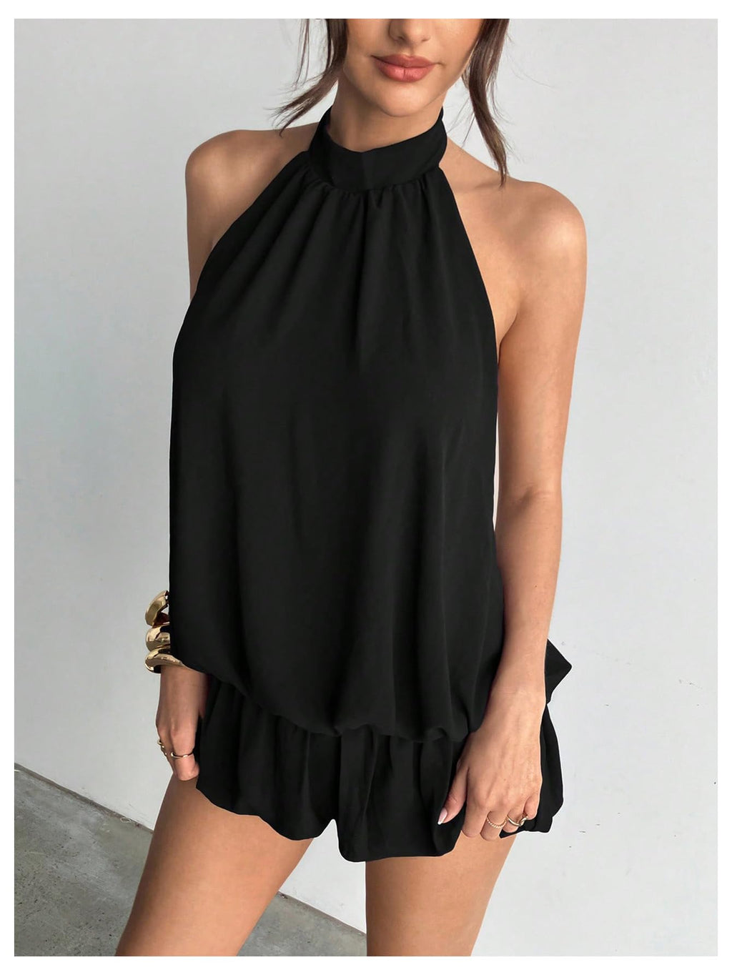 Floerns Women's Y2k Summer Halter Dress Tie Open Back Sleeveless Ruffle Hem Bubble Going Out Mini Dresses Black Small