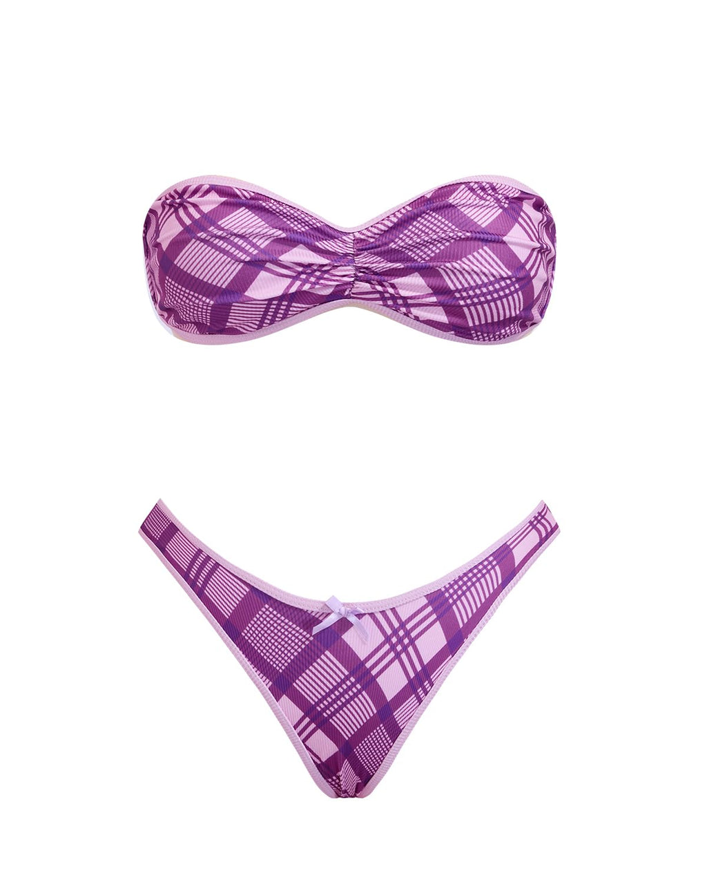 VOLAFA Women's Triangle Bikini Set Strapless Textured Bandeau Solid Cheeky Two Piece Swimsuit Bathing Suit (Small, Purple Plaid)