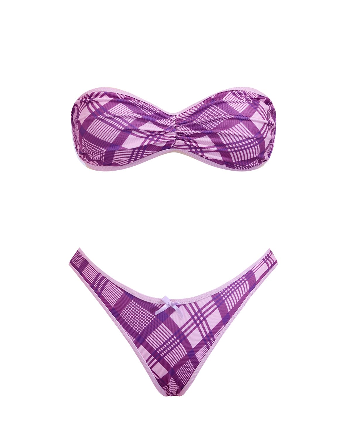 VOLAFA Women's Triangle Bikini Set Strapless Textured Bandeau Solid Cheeky Two Piece Swimsuit Bathing Suit (Small, Purple Plaid)