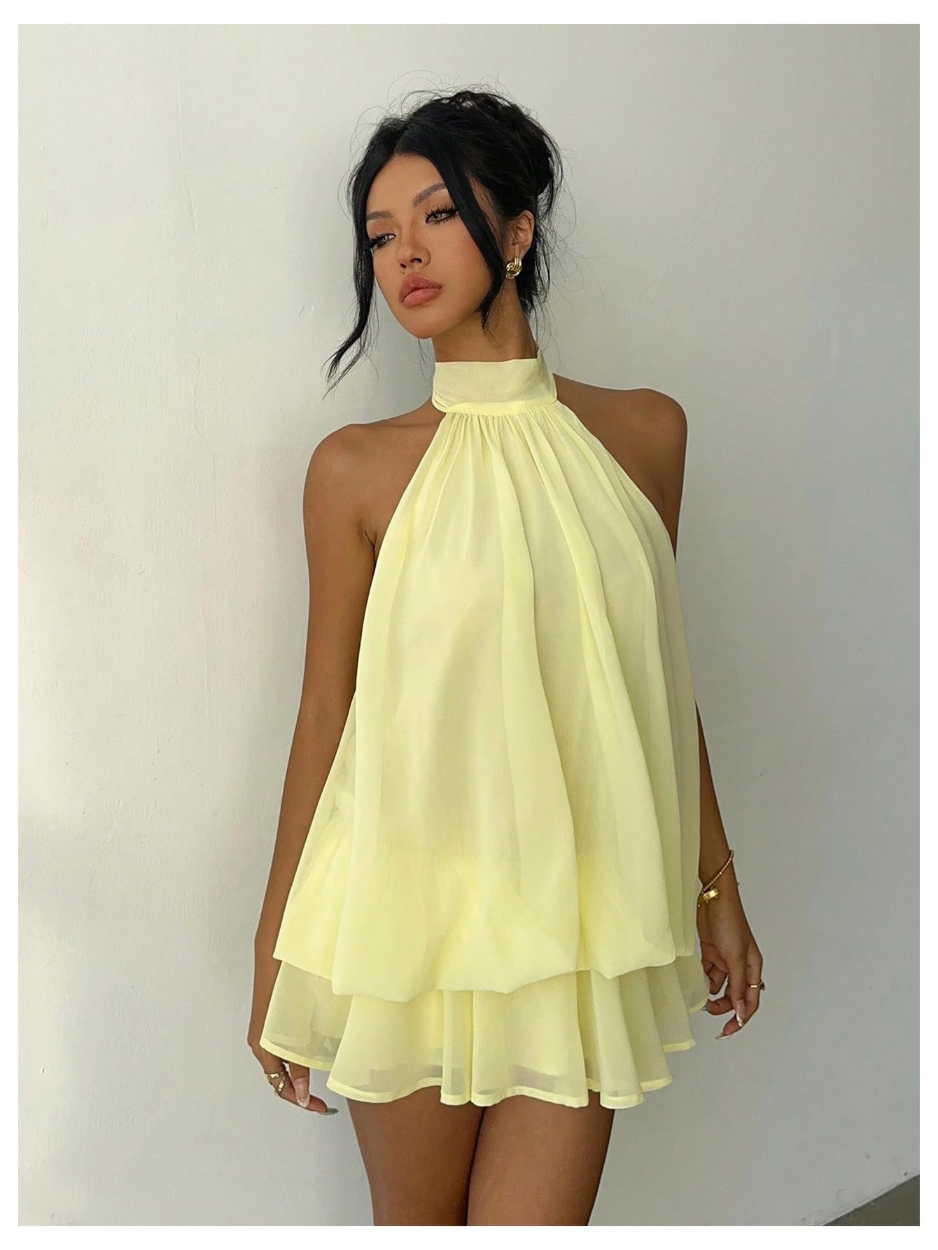 Verdusa Women's Chiffon Halter Drop Waist Wedding Guest Dresses Ruffle Summer Mini Dress Brunch Outfits Butter Yellow X-Small