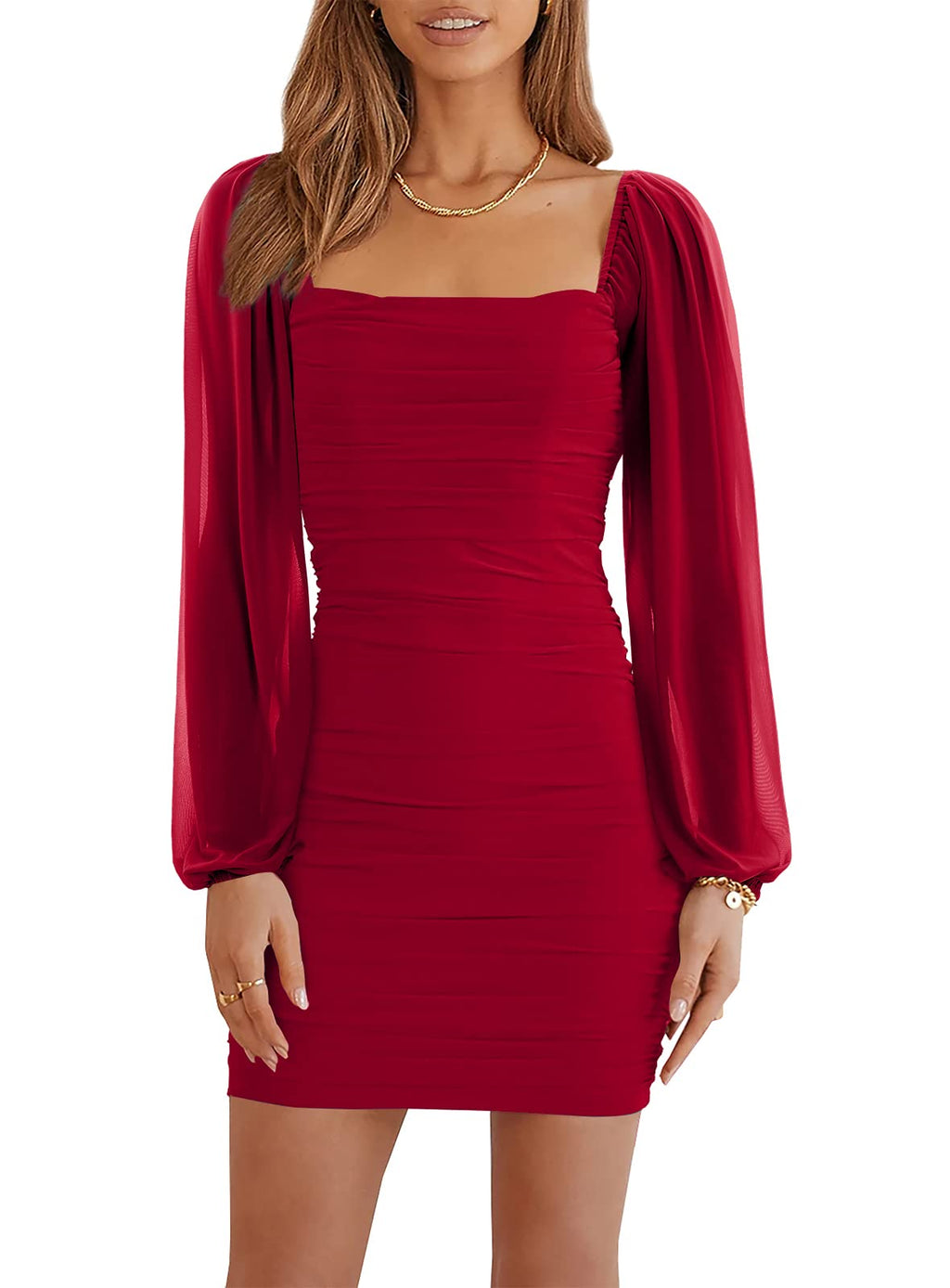 Wenrine Women's Mesh Long Sleeve Square Neck Ruched Party Club Cocktail Bodycon Mini Dress Red