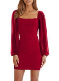 Wenrine Women's Mesh Long Sleeve Square Neck Ruched Party Club Cocktail Bodycon Mini Dress Red