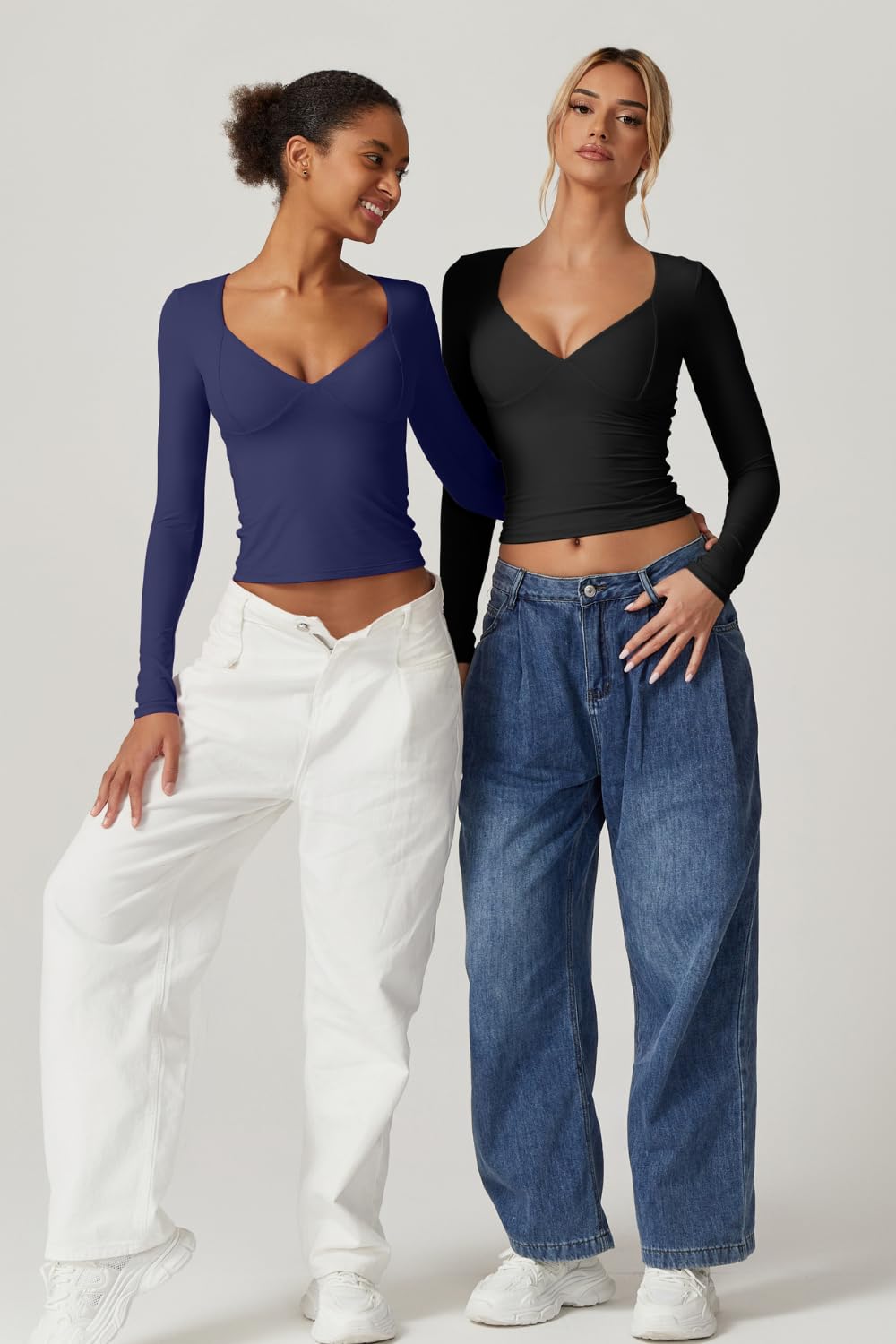 QINSEN Long Sleeve V Neck T Shirts for Women Double Lined Tee Sexy Seamed Cup Going Out Tops Black S