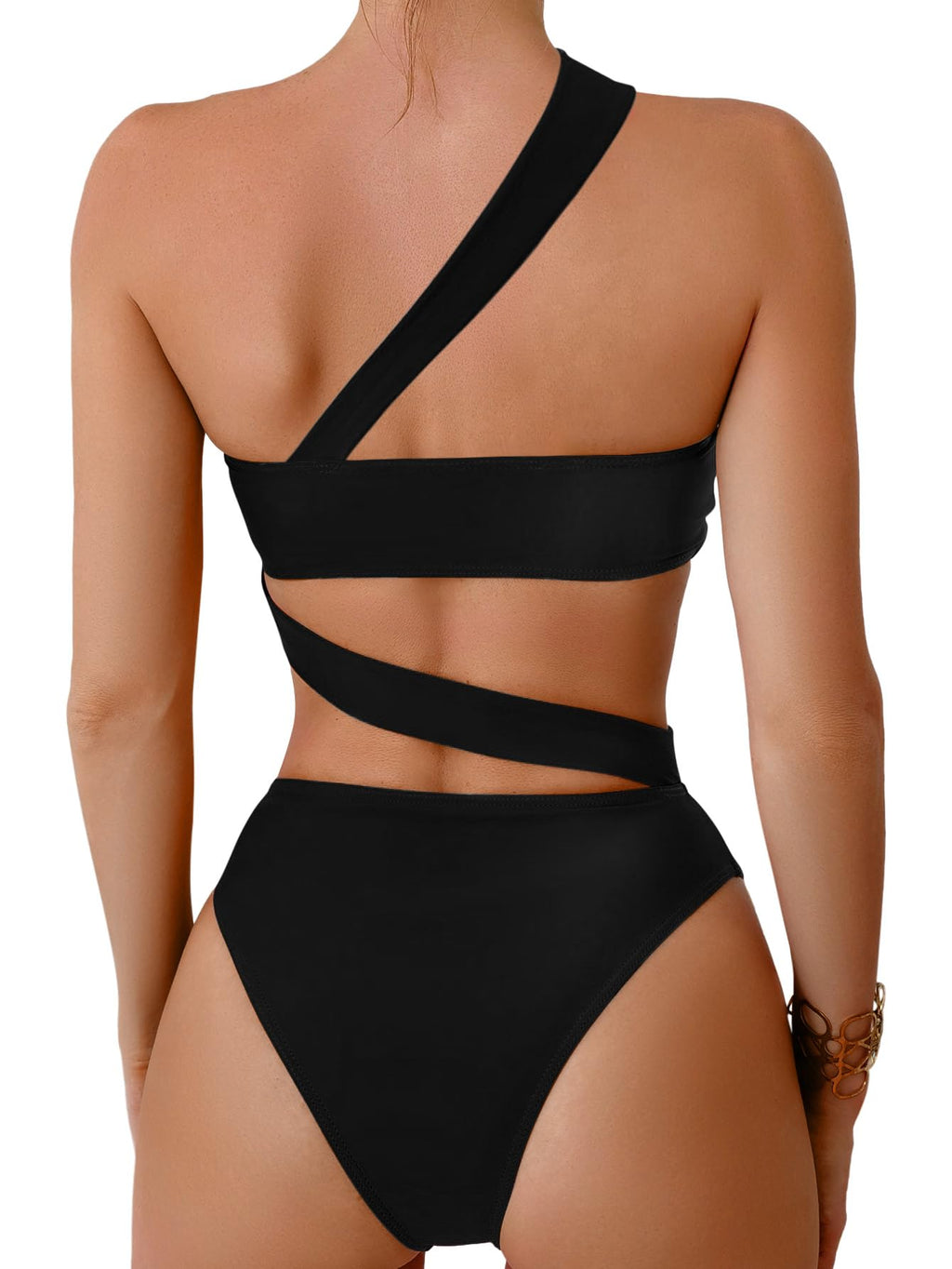 Lilosy Sexy Cutout Tube One Shoulder Swimsuit High Waist Piece Cheekly Bikini Brazilian Women Bandeau Bathing Suit Black X-Small