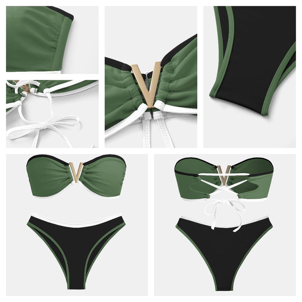ZAFUL Women's Bandeau Bikini V Strapless Confetti Colorblock Tie Back High Cut Two Piece Swimsuit Bathing Suits (1-Army Green, M)