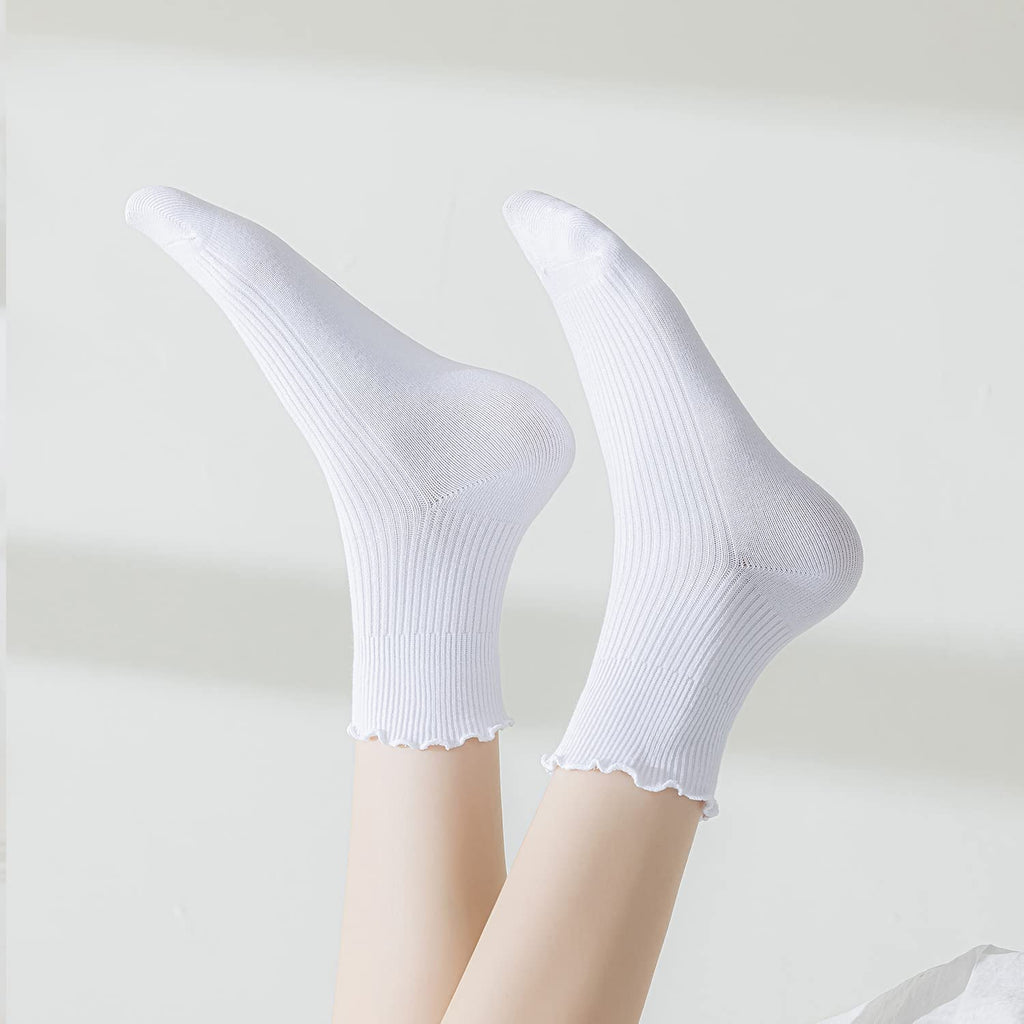 Mcool Mary Women's Ruffle Socks,Turn-Cuff Casual Cute Warm Cotton Knit Lettuce Low Cut Frilly White Ankle Socks for Women 6 Pack