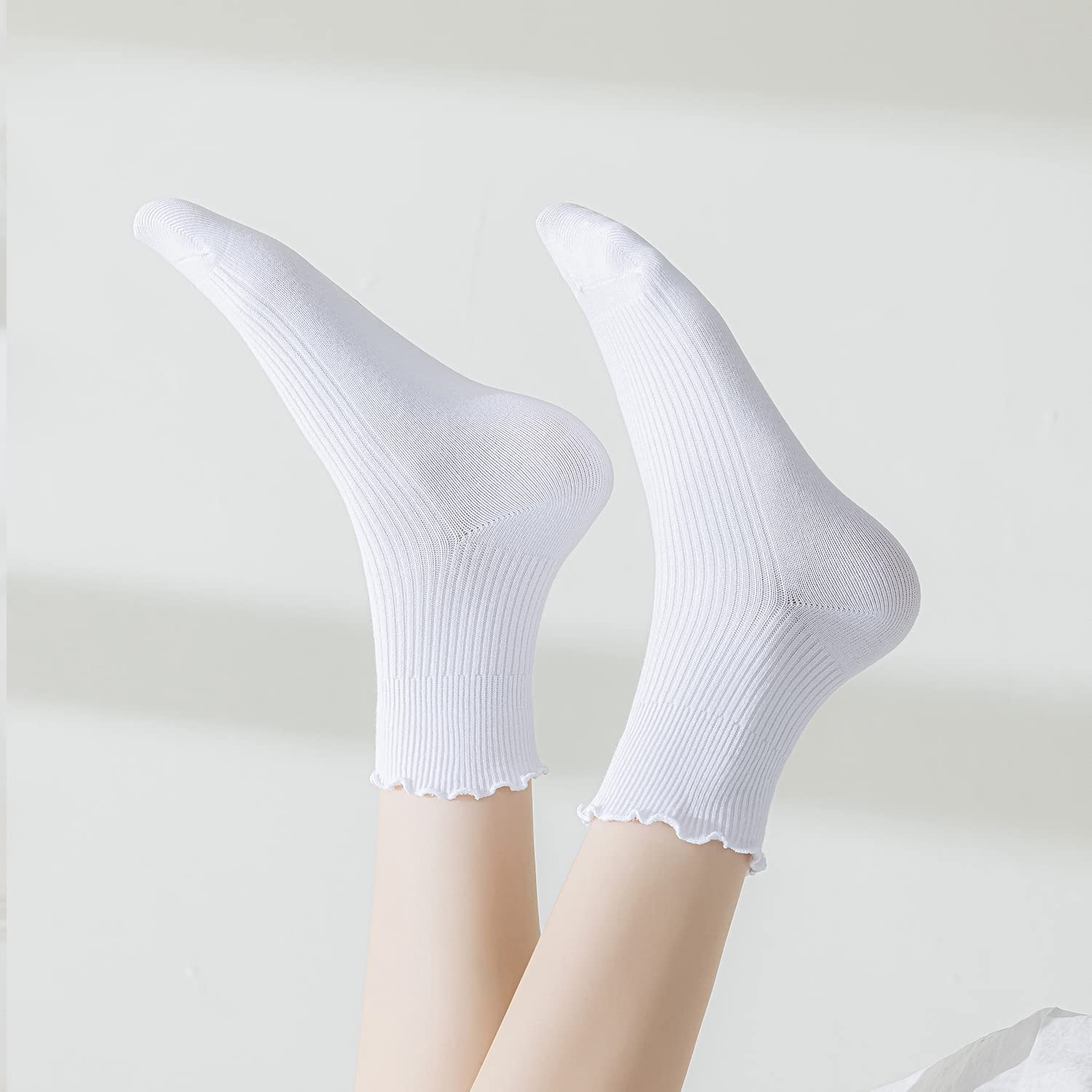 Mcool Mary Women's Ruffle Socks,Turn-Cuff Casual Cute Warm Cotton Knit Lettuce Low Cut Frilly White Ankle Socks for Women 6 Pack