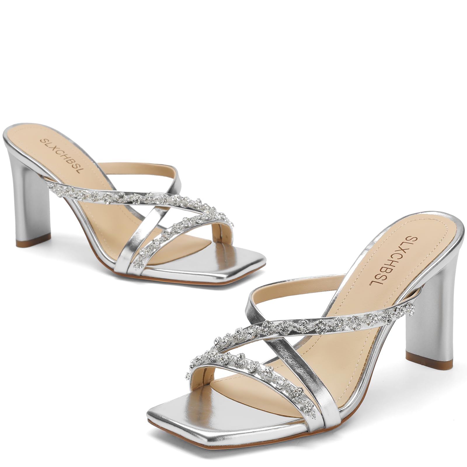 SLXCHBSL Women's Rhinestone Slingback Heeled Sandals Square Open Toe Strappy Sparkling Sandals 3.2 Inch Chunky Block High Heels for Party Wedding Casual or Daily Wear