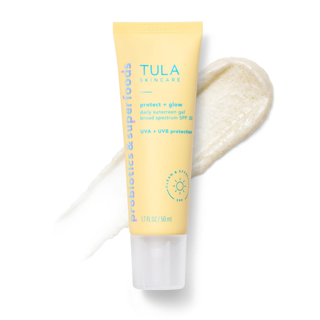 TULA Skin Care Protect + Glow Daily Sunscreen - Gel, Broad Spectrum SPF 30, Skincare-First, Non-Greasy, Non-Comedogenic and Reef-Safe with Pollution and Blue Light Protection, Regular, 1.7 fl oz.