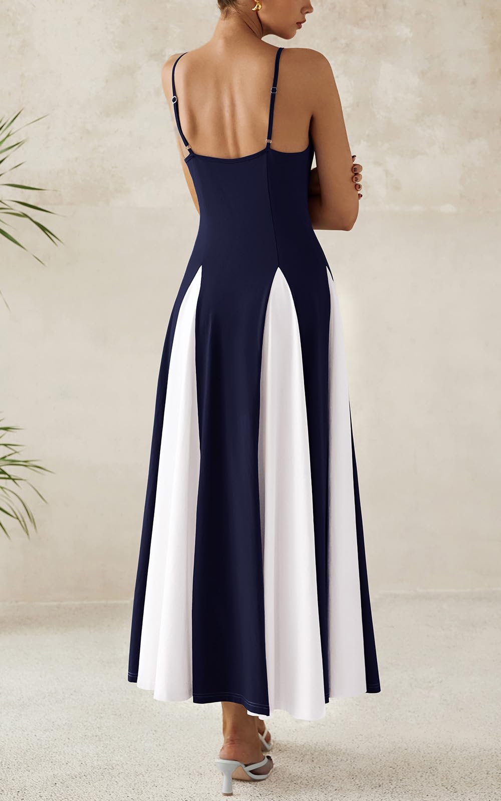 PRETTYGARDEN Spaghetti Strap Backless Spring Dresses for Women 2026 Flowy Maxi Dresses Sleeveless Wedding Guest Dress Navy White, Small