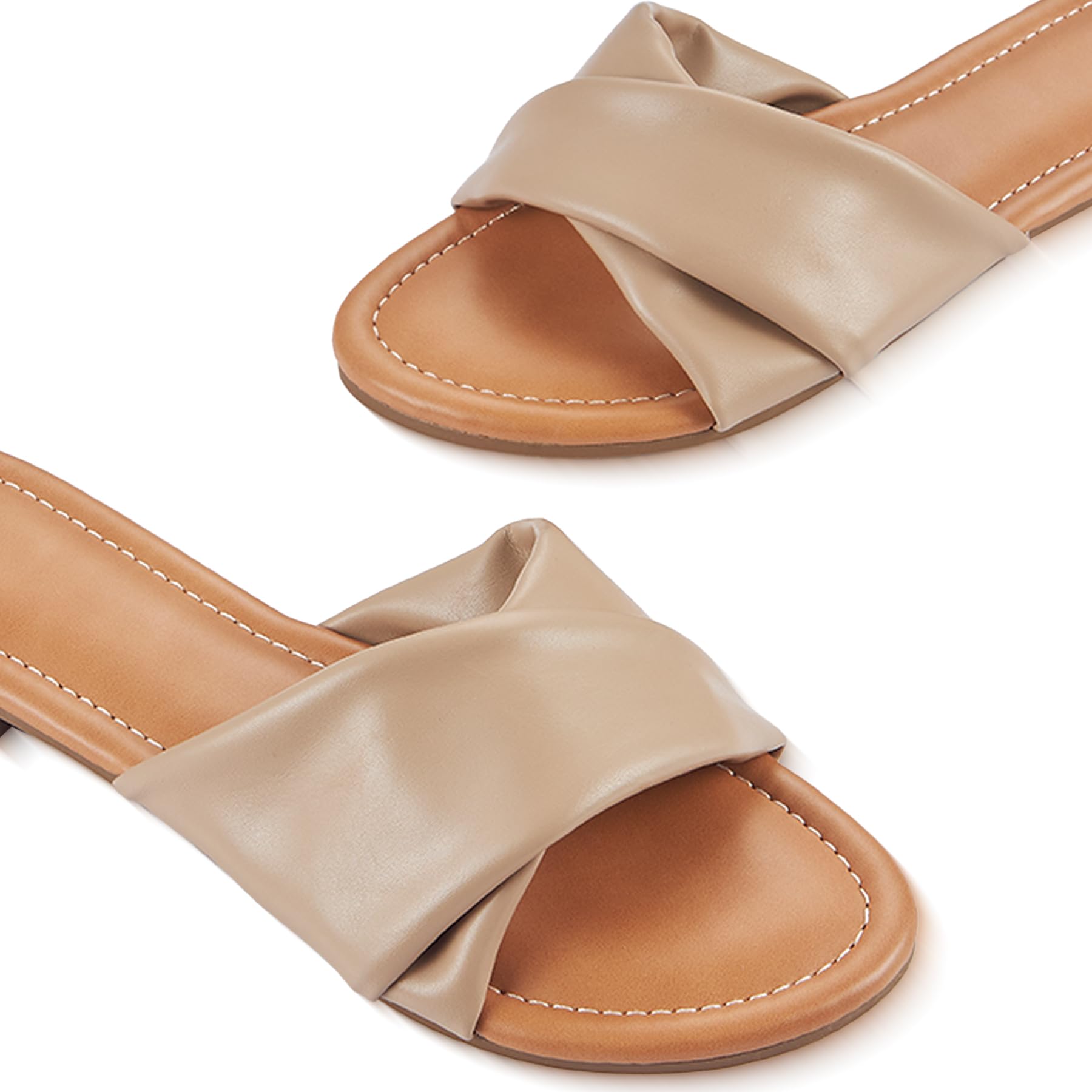 YTSKJ Women's Flat Sandals Round Open Toe Comfortable Fashion Cute Ladies Slides Sandals Women Dressy Summer Flat Leather Casual Fashion Beach Shoes Camel Size 9