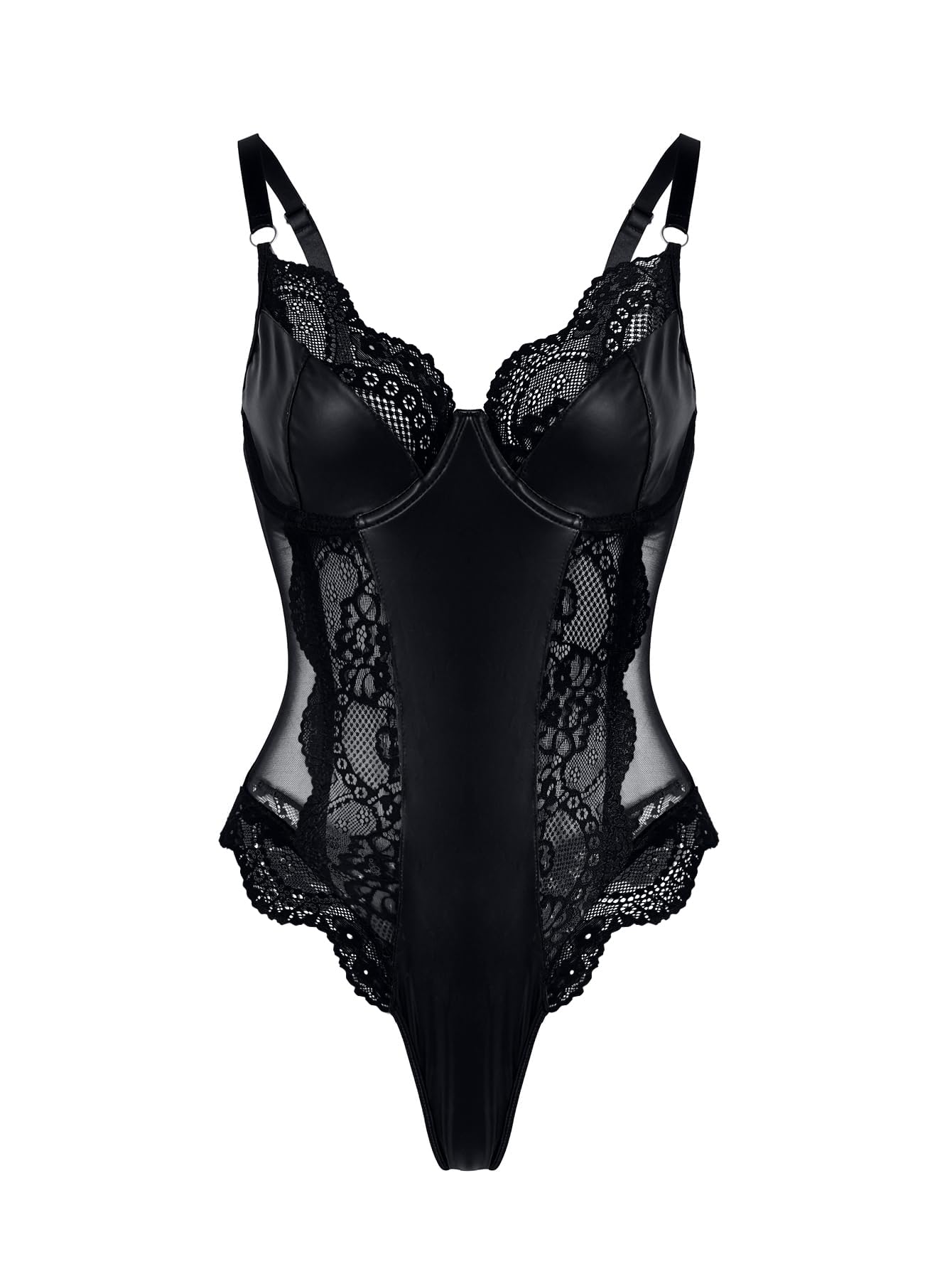 Lilosy Petite Sexy Leather Underwire Push Up Floral Lace Sheer Corset Lingerie Women Teddy Bodysuit Bustier Top One Piece Latex Black XX-Small