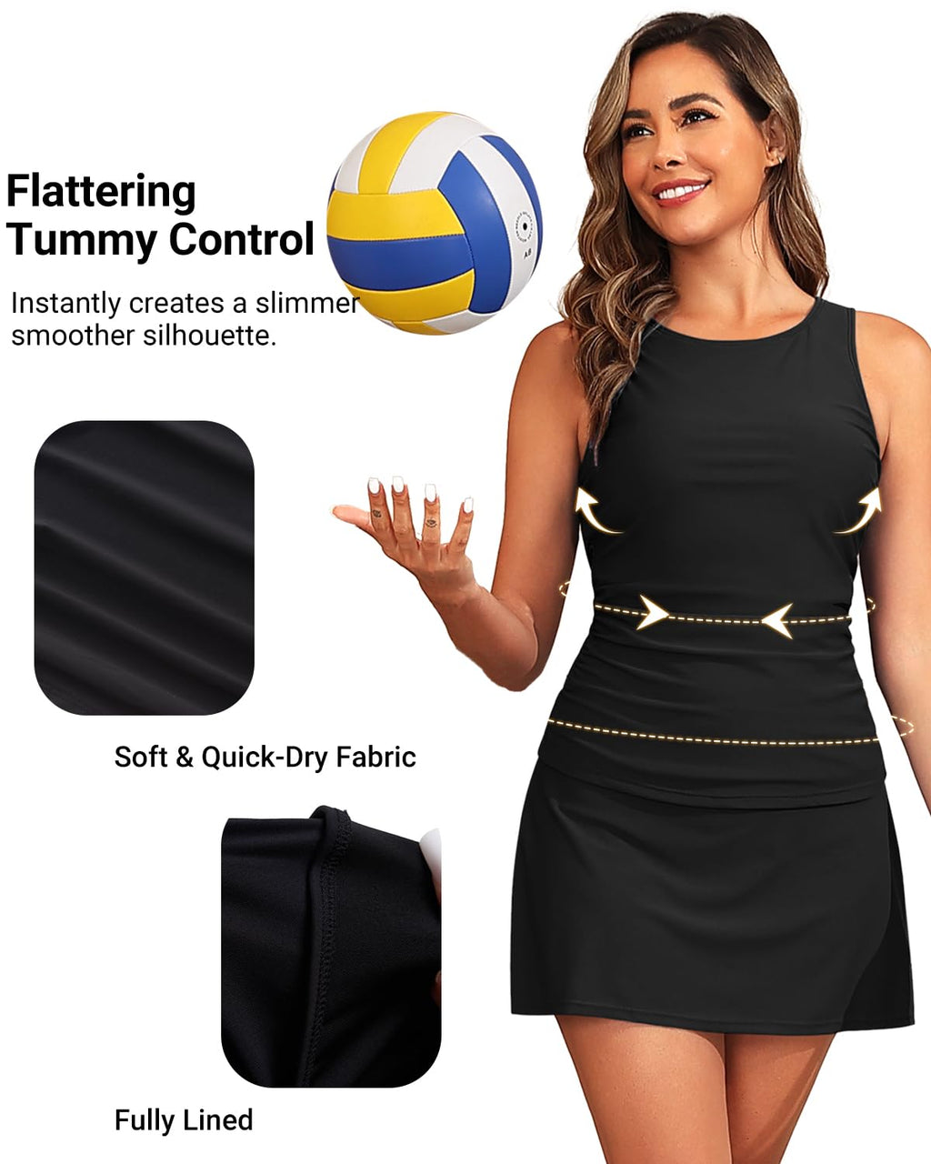 Daci Womens Black Tankini Swimsuits with Skirt - Two Piece Tummy Control Bathing Suits High Neck Swimwear L