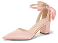 Coutgo Womens Chunky Heels Low Heel Ankle Strap D'Orsay Pumps Closed Pointed Toe Wedding Bridal Shoes, Pink, Size 8.5