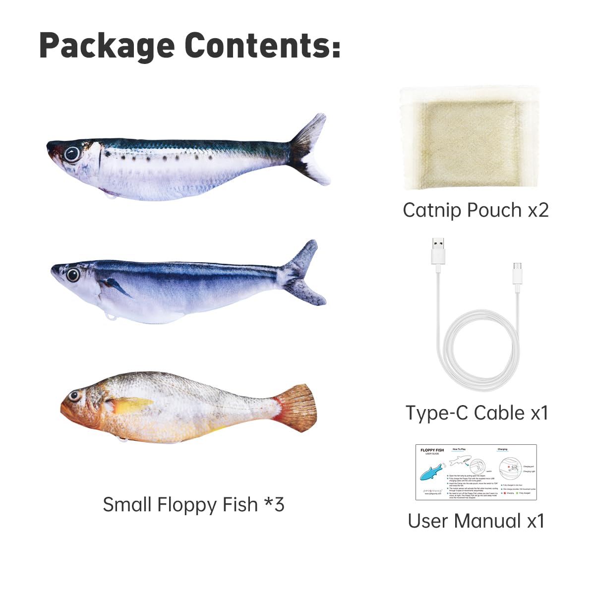 Petgravity Bite-Sized Realistic Flopping Fish Cat Toys, 3 Pack, Interactive Cat Toys for All Breeds, Tap-Activated 3 Flapping Mode, Sardine/Saury/Yellow Croaker, 7.1 Inches, with Catnip, Rechargeable