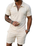 Kgamfar Mens Summer Track Suits 2 Piece Shorts Sets Short Sleeve Sweatsuit casual Outfits Polo Shirts workout,BEIGE,M