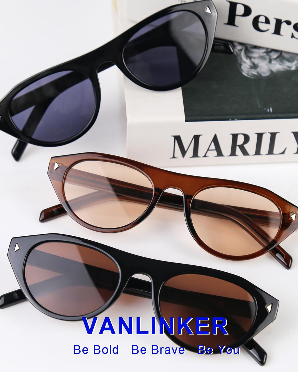 VANLINKER Retro Small Oval Sunglasses for Women Men Trendy Narrow Round Cateye Shades VL9915,Black