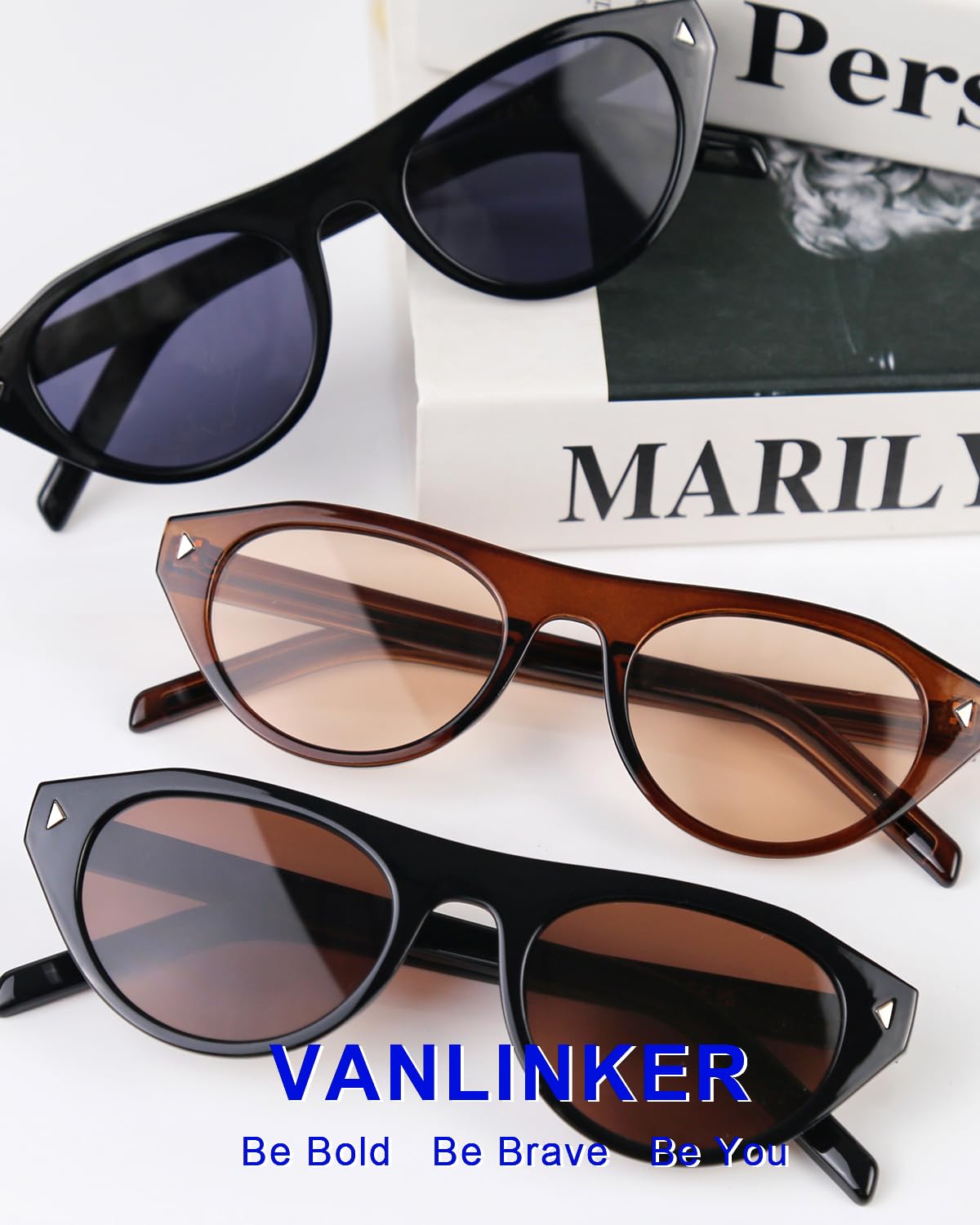 VANLINKER Retro Small Oval Sunglasses for Women Men Trendy Narrow Round Cateye Shades VL9915,Black