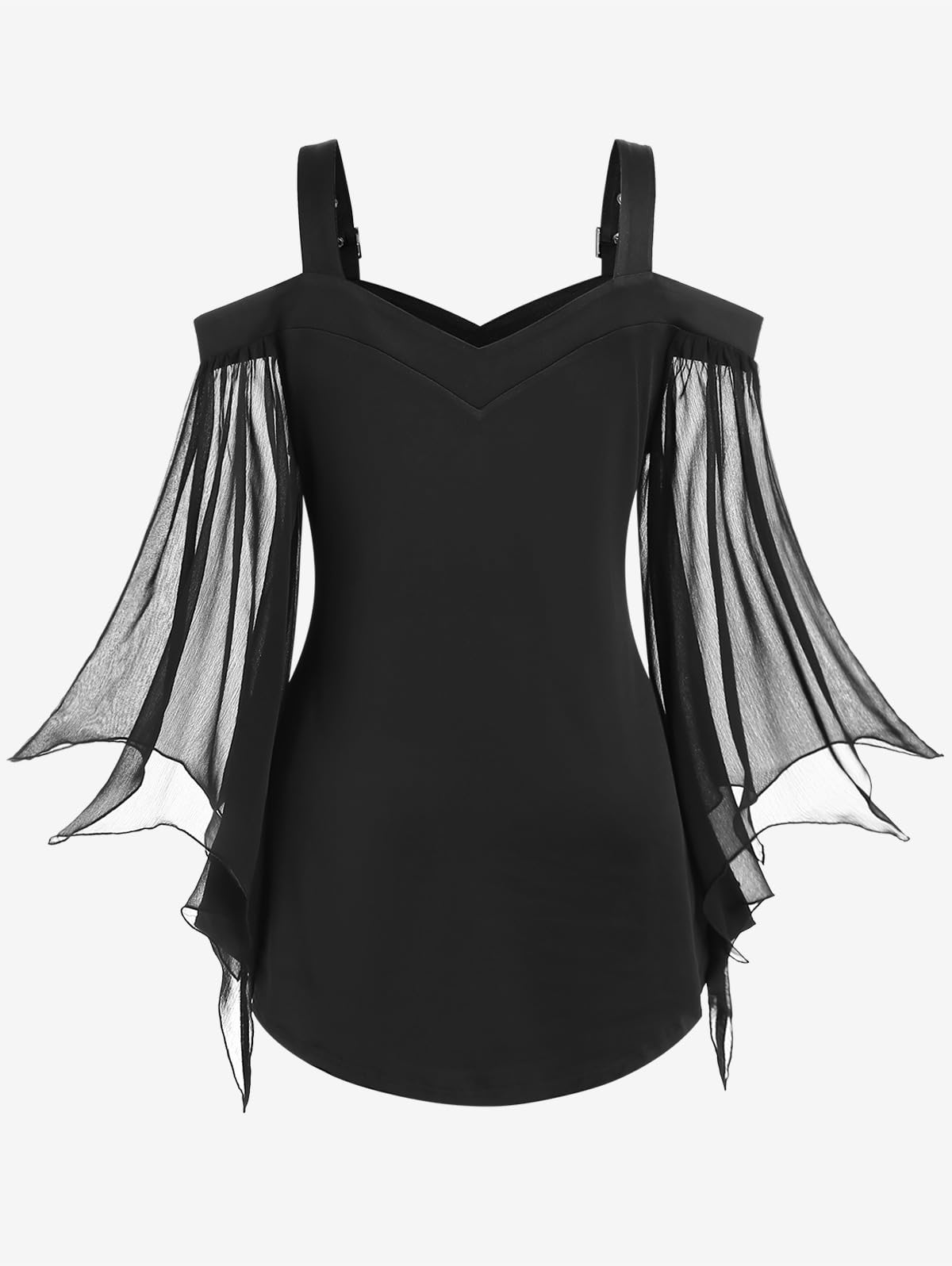 ROSE GAL Rosegal Women Plus Size Gothic Top Buckle Straps Cold Shoulder Mesh Bell Sleeve Top Witch Halloween Costume Flare Sleeves Top Open Shoulder Gothic Tee(Black_1/4X)