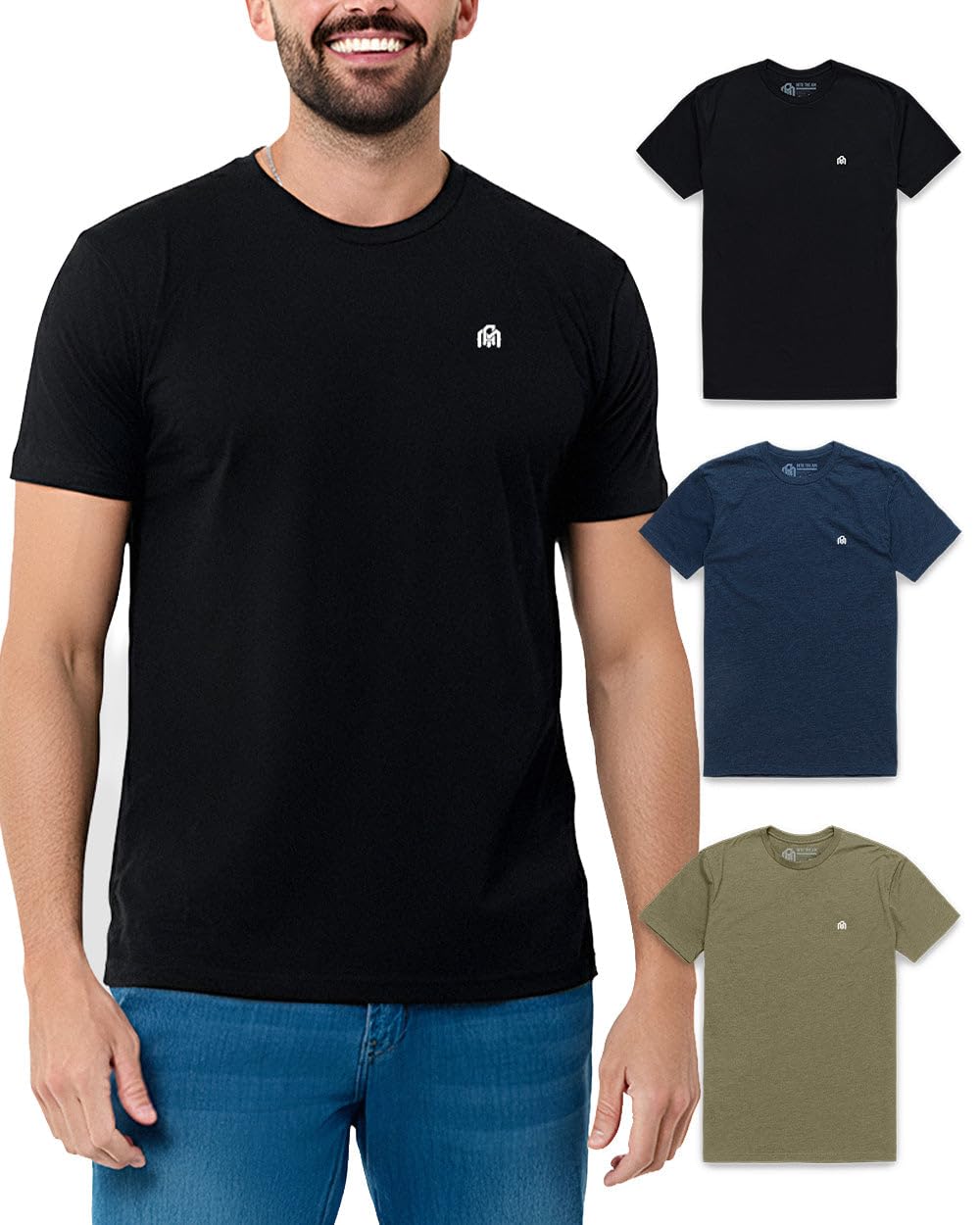 INTO THE AM Men's Logo Basic Tees 3 Pack Multipack - Fitted Essential Crewneck Blank Gym Classic Casual True Fit Fashion for Guys (Black/Navy/Olive Green, X-Large)