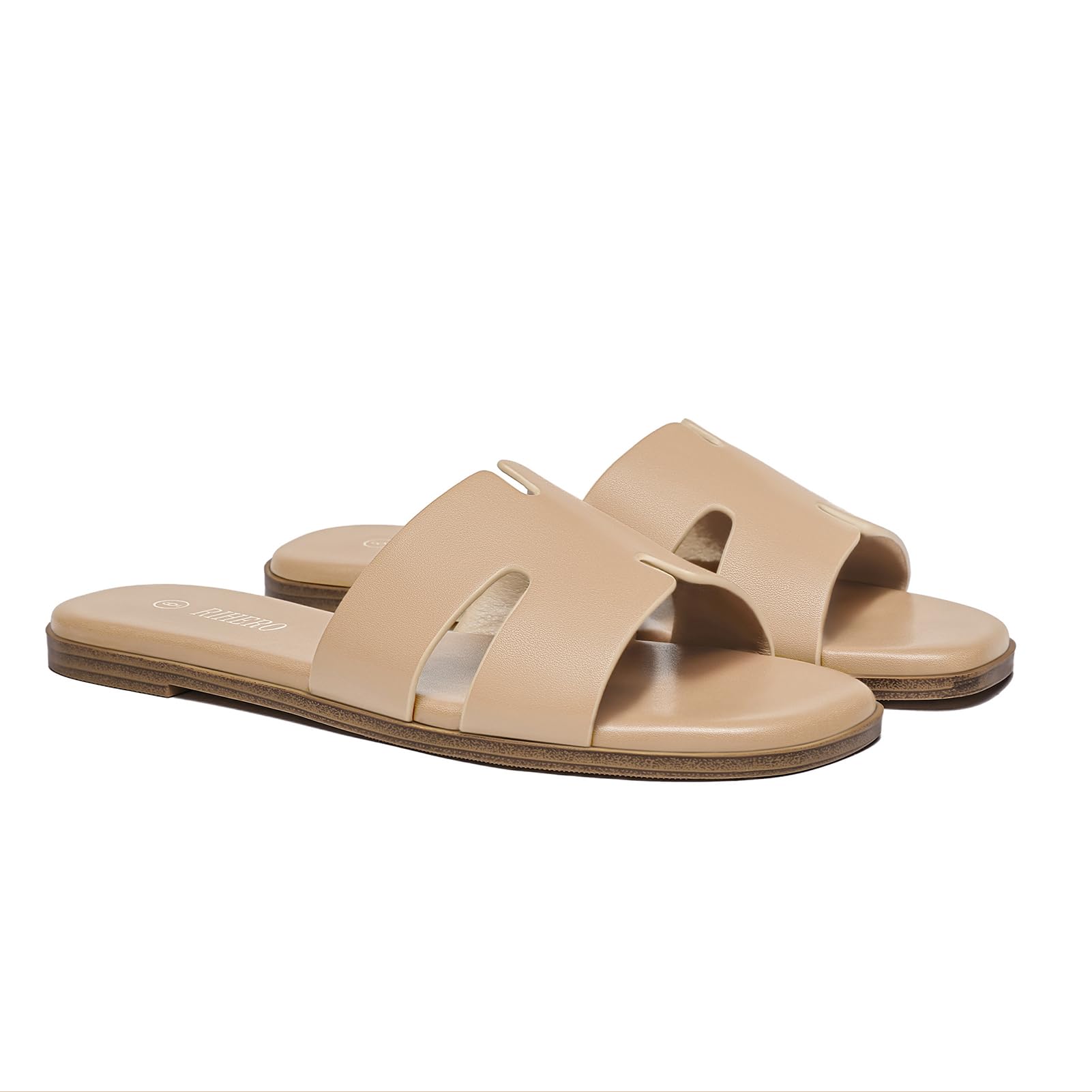 Rihero Women's Dressy Flat Sandals Comfortable Slip On Leather Slide Tan Sandals