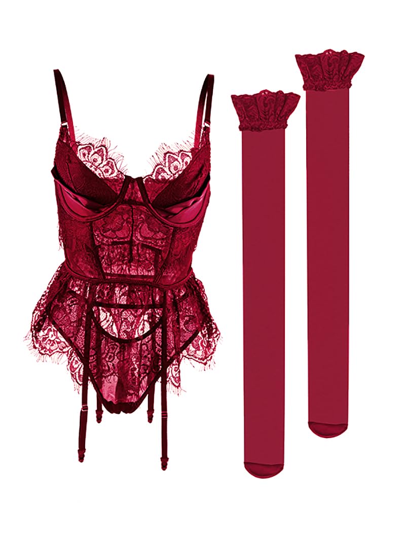 Lilosy Sexy Garter Underwire Push Up Floral lace Eyelash Sheer Babydoll Lingerie Women Teddy Bodysuit Chemise Set See Through Bra Panty Stocking 3 Piece Burgundy Red Small