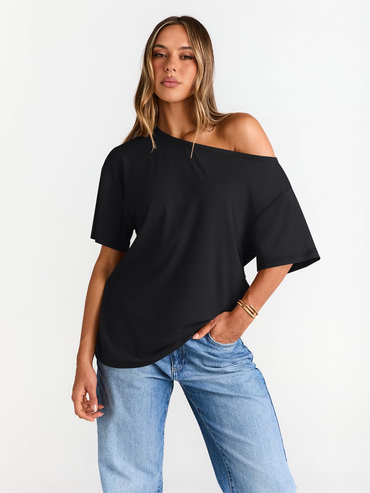 Trendy Queen Womens Off The Shoulder Tops Oversized T-Shirts Short Sleeve Tees Summer 2026 Casual Spring Clothes Workout Gym Y2k Cute Going Out Plus Size Fashion Clothing Black L