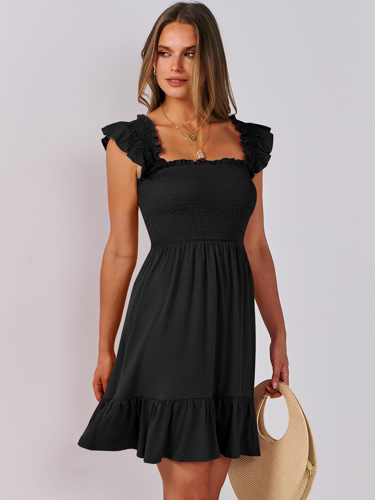 ANRABESS Women's Summer Casual Sleeveless Square Neck Dress 2025 Smocked Ruffle Backless Boho Beach Cute Teen Short Sundress Black Medium