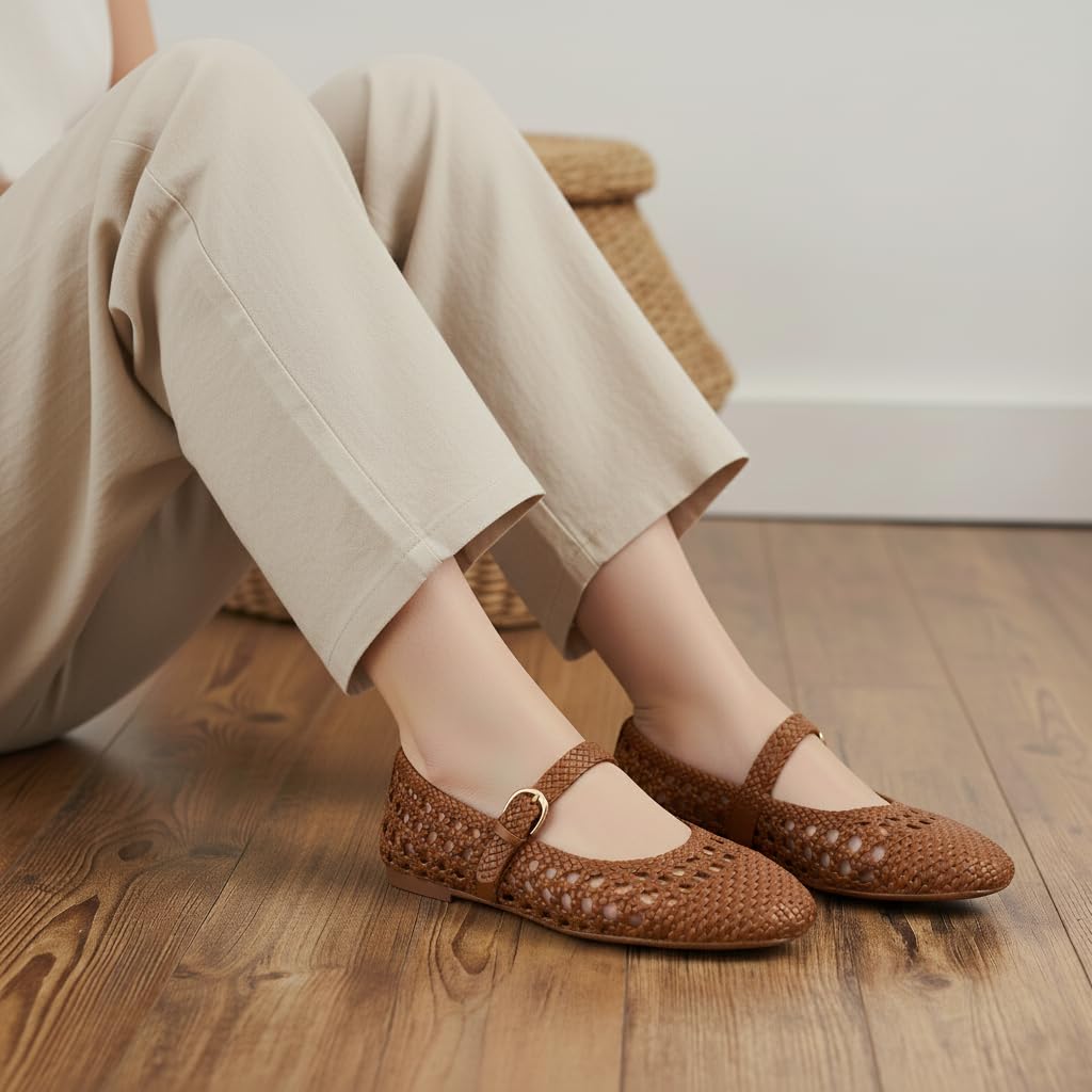 CUSHIONAIRE Windsor Woven Womens Flats with Adjustable Strap – Comfortable Mary Jane Ballet Flats for Women, Cognac 8.5