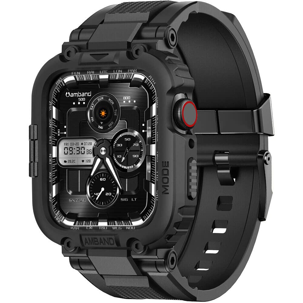 amBand Bands Compatible with Apple Watch 9/8/7/6/5/4 & SE 3/2/1 45mm/44mm Case for Men, M1 Sport Series Rugged Case Protective Cover for iWatch SE3/SE2/6/SE/5/4/3 42/44/45mm Men Black