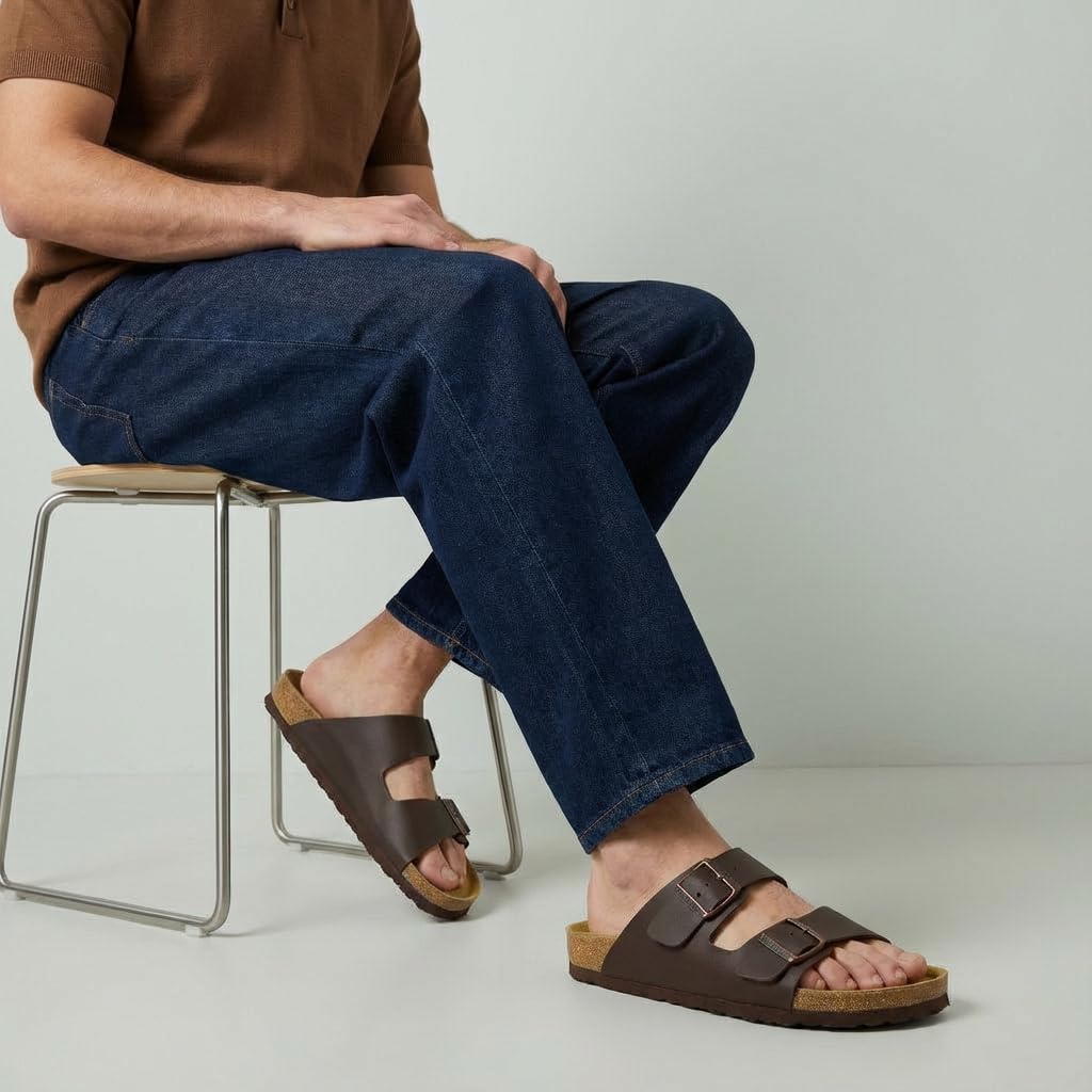CUSHIONAIRE Lane Cork Footbed Mens Sandals, Adjustable Buckle Comfort Slides for Men, Genuine Leather Insole Summer Sandals Men Footwear, BROWN 13