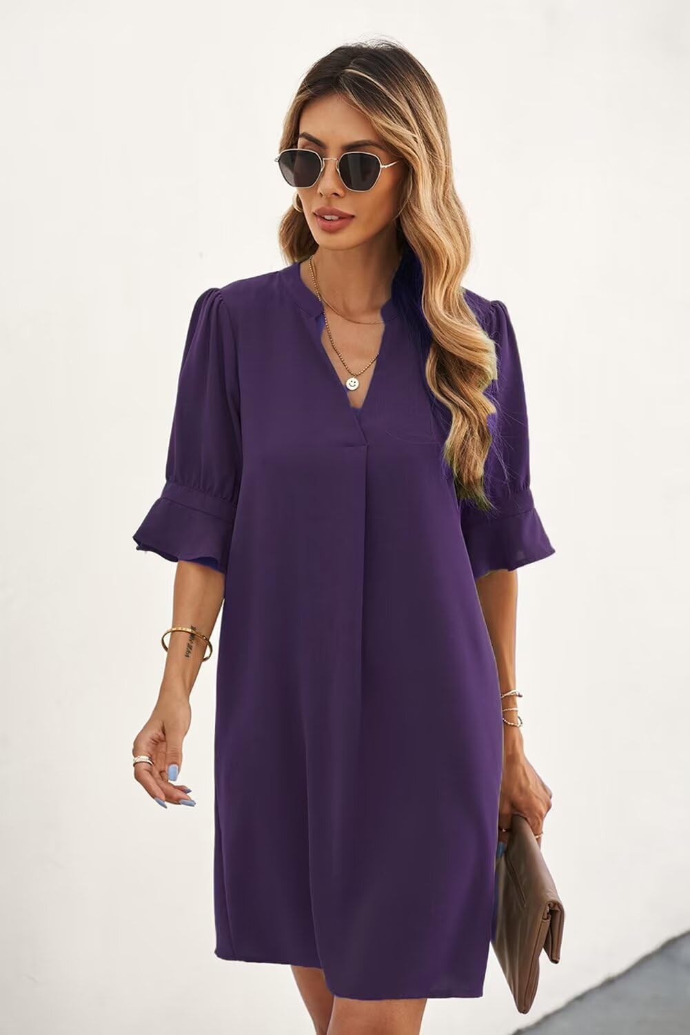QACOHU Summer Dresses for Women's Summer Tunic V Neck Casual Loose Flowy Swing Shift Dress Purple L